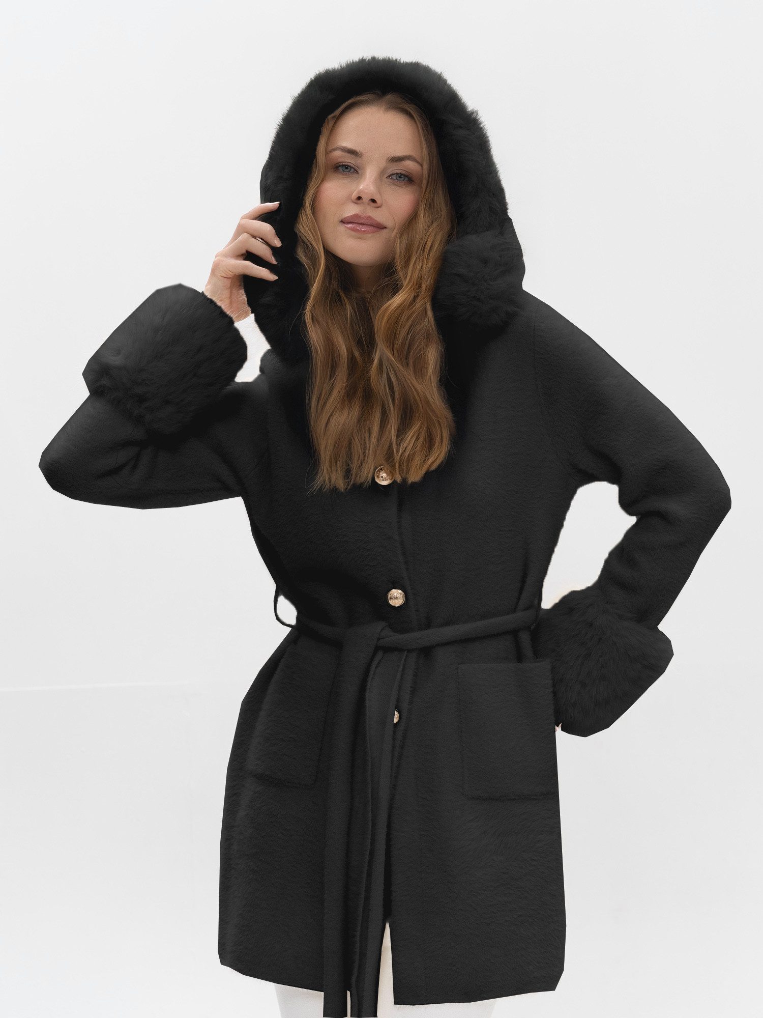 Passioni Fellimitatmantel mit Kapuze und Taschen und abnehmbaren Fellbesatz