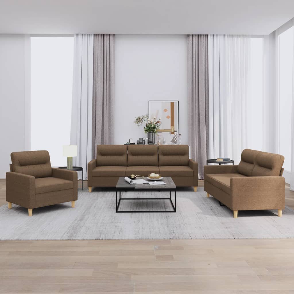 vidaXL Sofa 3-tlg. Sofagarnitur mit Kissen Braun Stoff