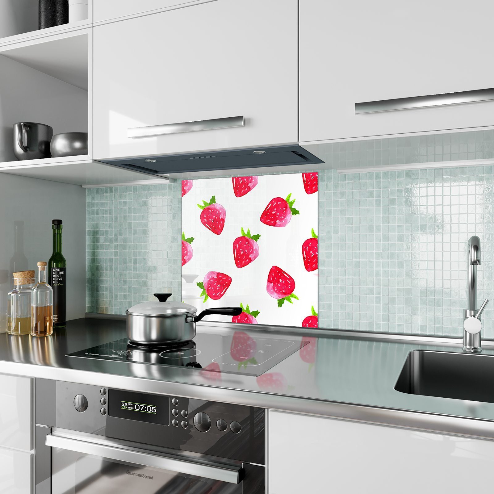 Aquarell Blatt Glas Spritzschutz Küchenrückwand Primedeco mit Erdbeeren