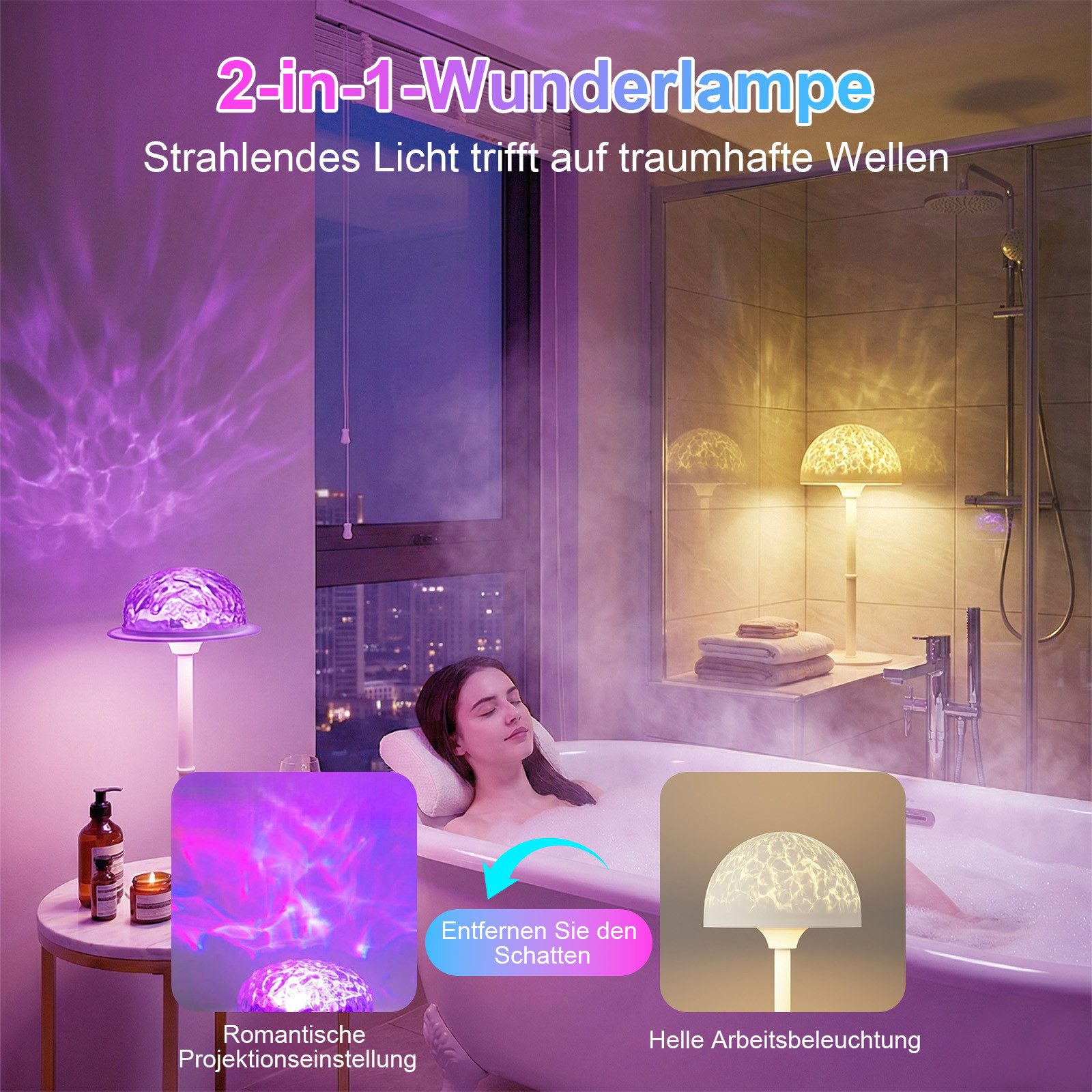 Rosnek LED Nachtlicht Wasserwellen Lampe LED RGB kabellos mit Touch Fernbedienung, LED fest integriert, das Badezimmer, Akku, Farbwechsel, Ozean Projektor für Bad Dusche Wanne