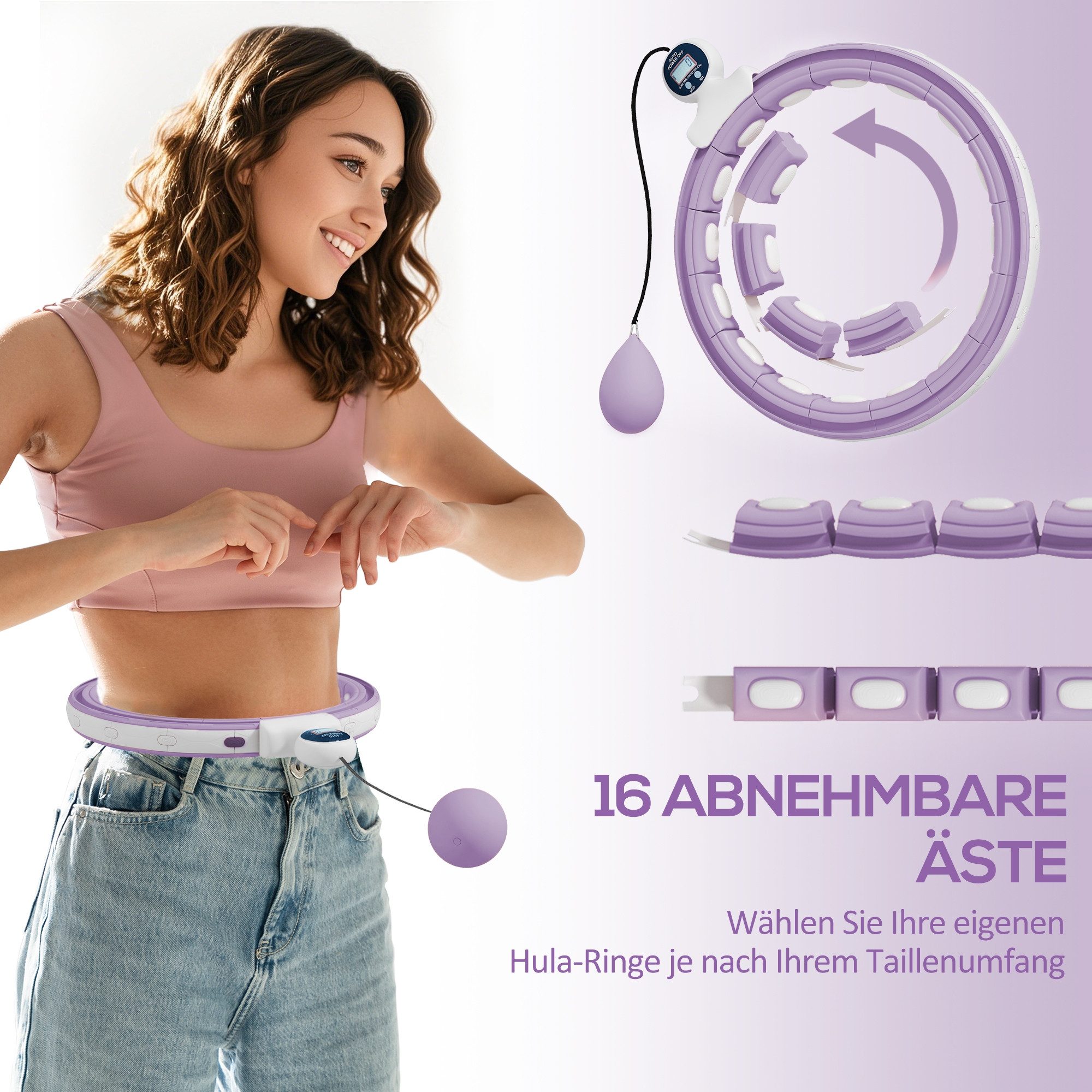 SPORTNOW Hula-Hoop-Reifen mit Gewicht Kugel, Zähler, 16 Knoten (76-113cm) (einstellbar Fitness leise Abnehmen Ausrüstung, 1-tlg., Fitnessgerät), für Gewichtsverlust, Fitness Violett