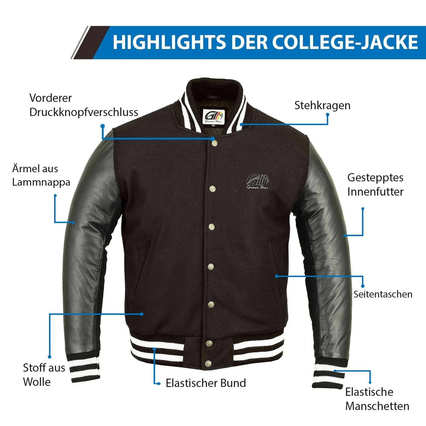 Wolljacke Wear Collegejacke Blouson German Dunkelbraun mit CJ002 Collegejacke Lederärmel