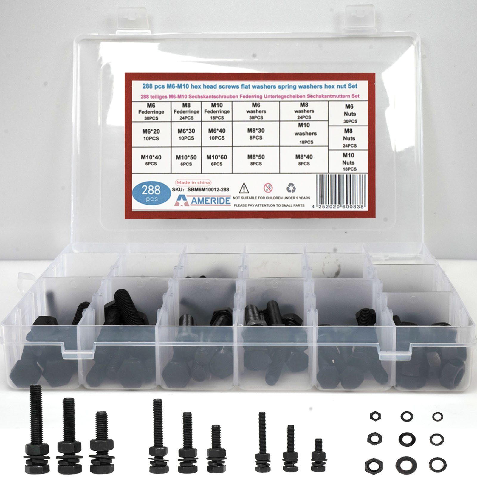 Schrauben-Set 288pcs Sechskant Schrauben Set M6 M8 M10