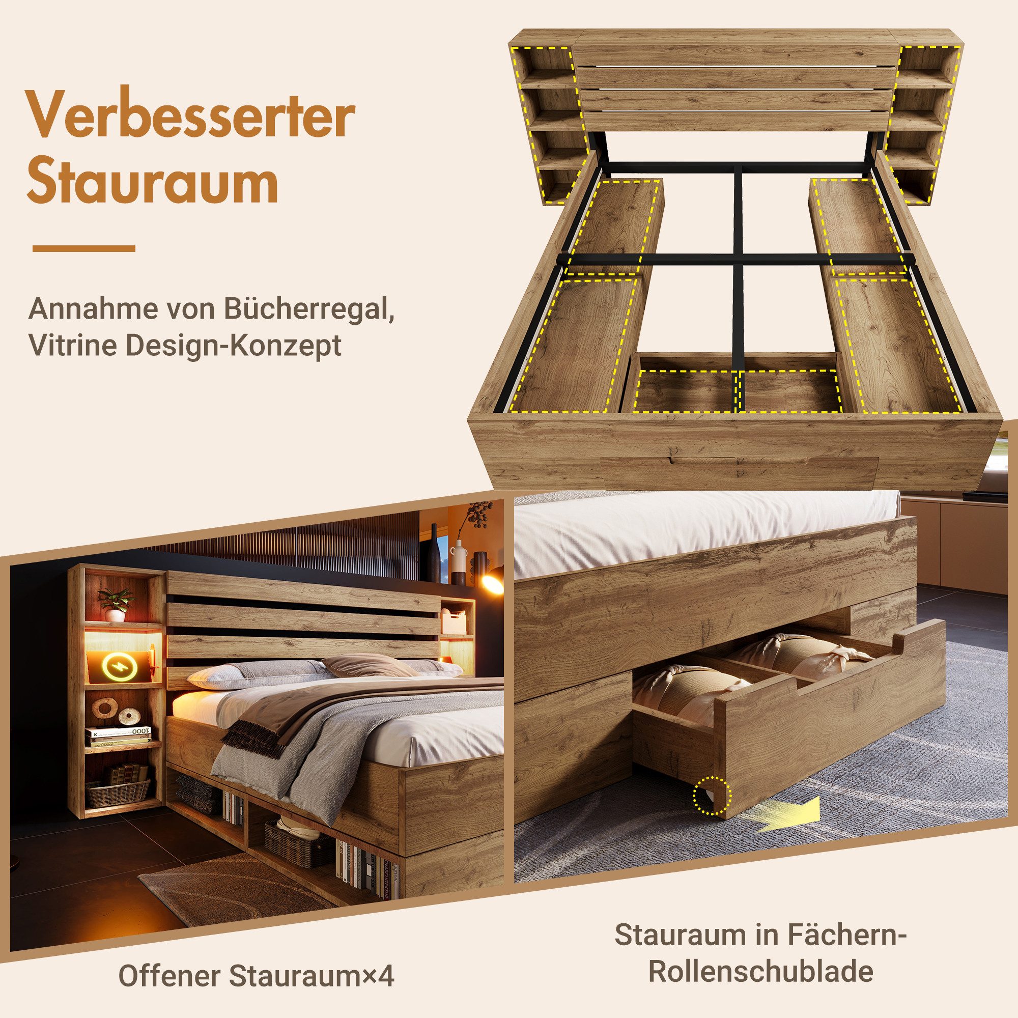 Ulife Stauraumbett aus Holz, mit LED, USB/Type-C, Doppelbett 180/160×200cm (1-tlg., Ohne Matratze), mehr offene Fächer, LED-Nische & 1 Schubladen. Stabilität 16 – Bild 4 von 5