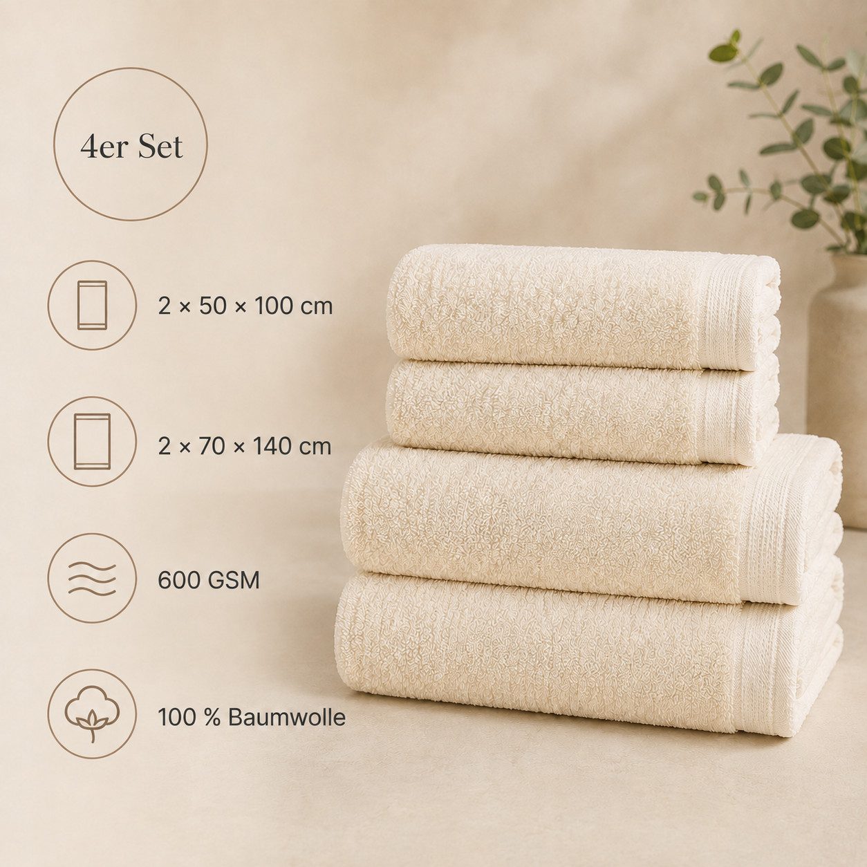 Ahsen Professional Handtuch Set Handtuch Set 100% Baumwolle 500/600 GSM 50x100 70x140 cm Badetücher, (4-St) – Bild 2 von 5