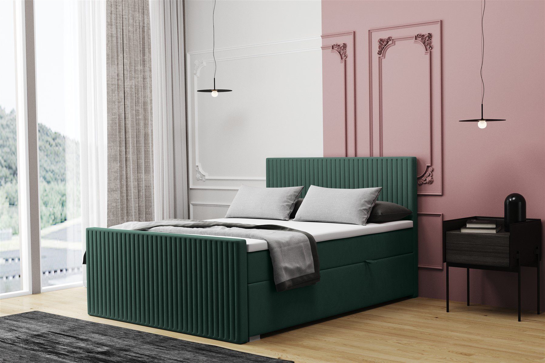 Fun Möbel Boxbett Schlafzimmerbett MONTY in Stoff Monolith (Kopfteil und Fußteil Gepolstert, inkl. Bettkasten), Inkl. Topper