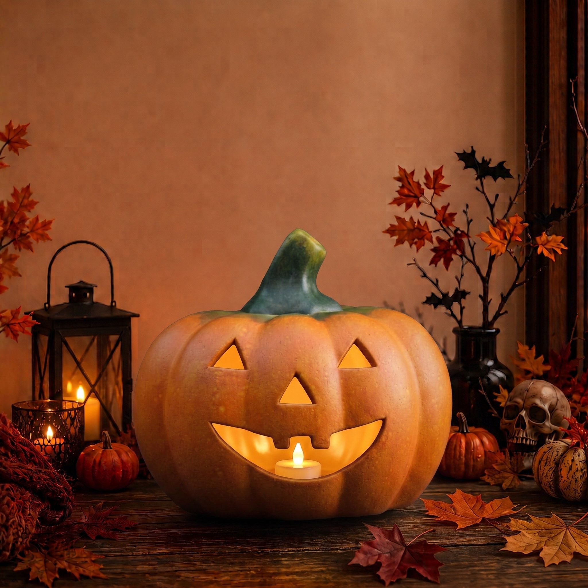 matches21 HOME & HOBBY Dekofigur Kürbis-Laterne als LED Halloween-Deko Windlicht in 22x20 cm, Gruseliger Jack-O-Lantern Deko-Kürbis als innen außen Herbst-Deko – Bild 4 von 5