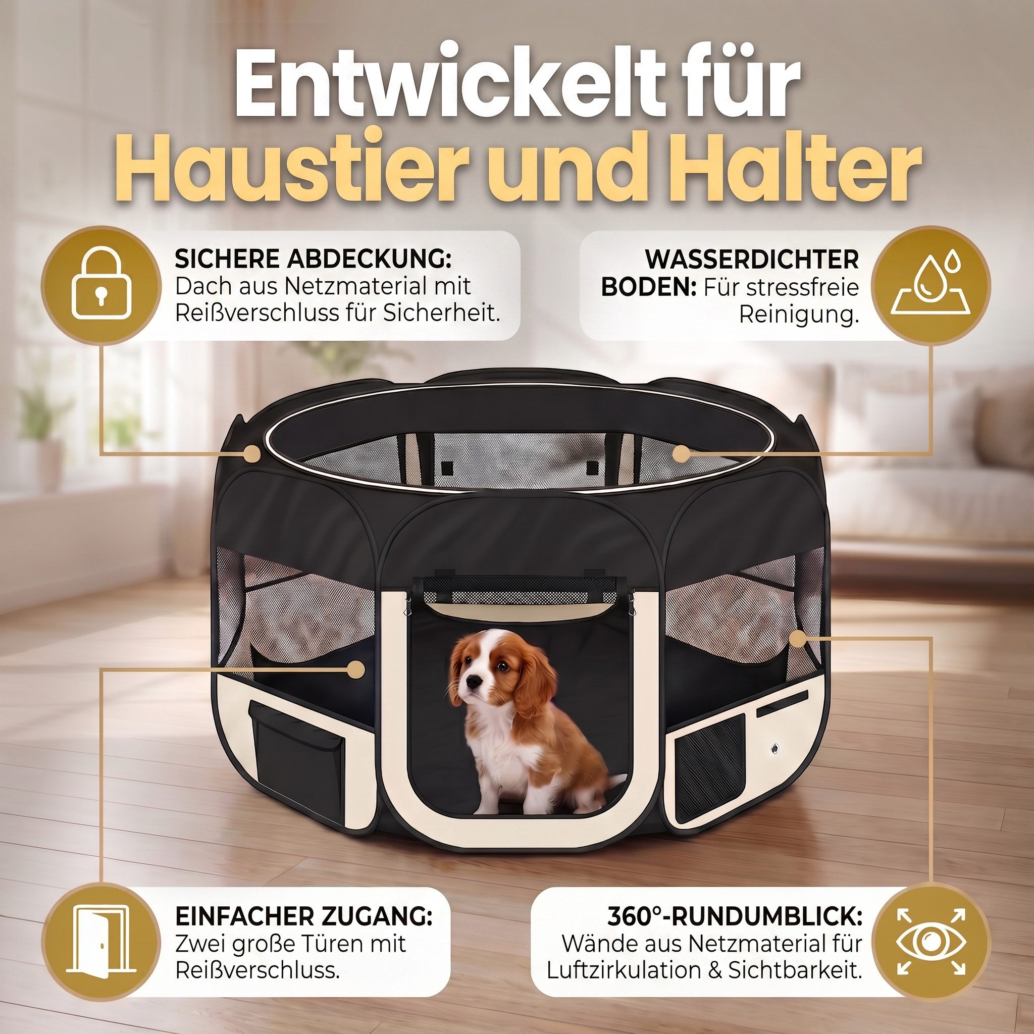 all Pets United Tierhaus Welpen Laufstall XXL – Faltbarer Kleintier Auslauf, Kleintier Welpenauslauf Freigehege