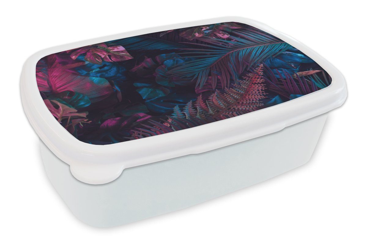 MuchoWow Lunchbox Dschungel - Blätter - Blau - Rosa - Mädchen - Kind, Kunststoff, (2-tlg), Brotbox für Kinder und Erwachsene, Brotdose, für Jungs und Mädchen weiß