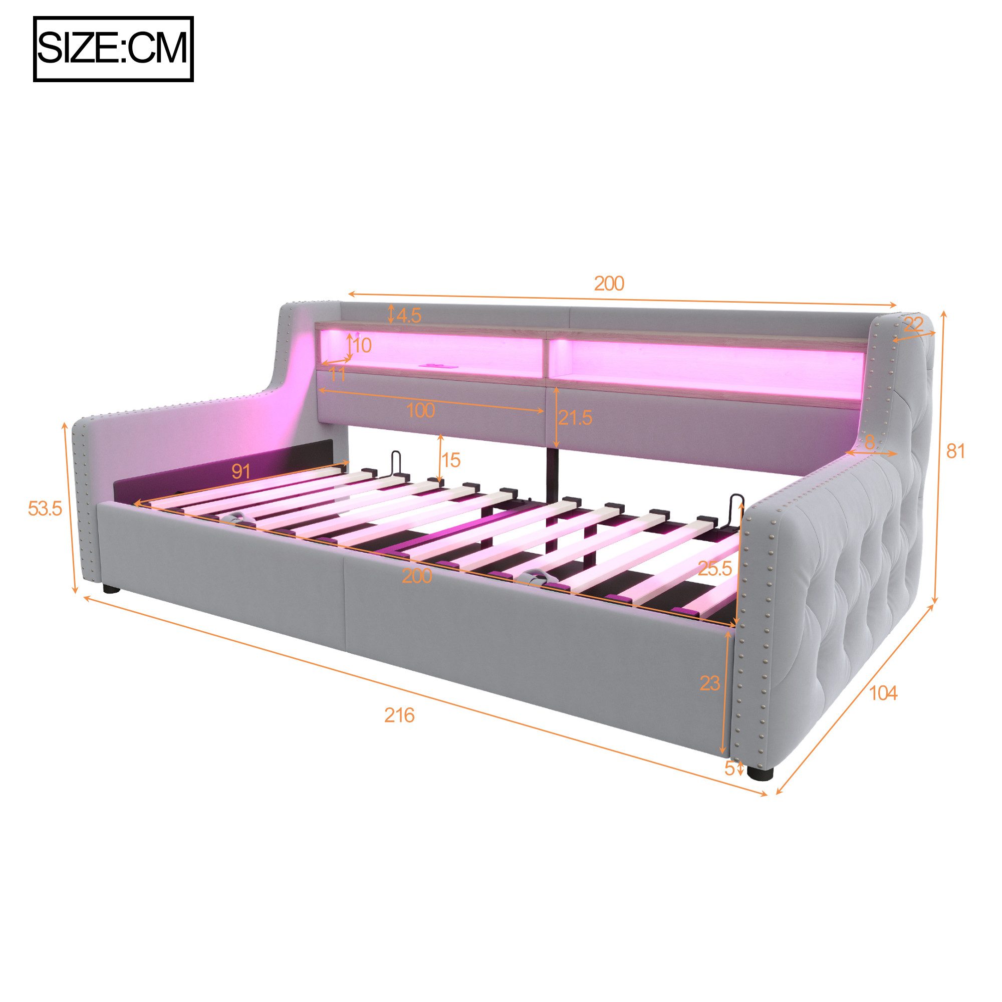 Celya Polsterbett Schlafsofa 90 x 200 cm, Mit hydraulischem Stauraum (ohne Matratze, Mit LED-Beleuchtung, Ablagefach, Steckdose und Ladeanschlus) – Bild 2 von 5