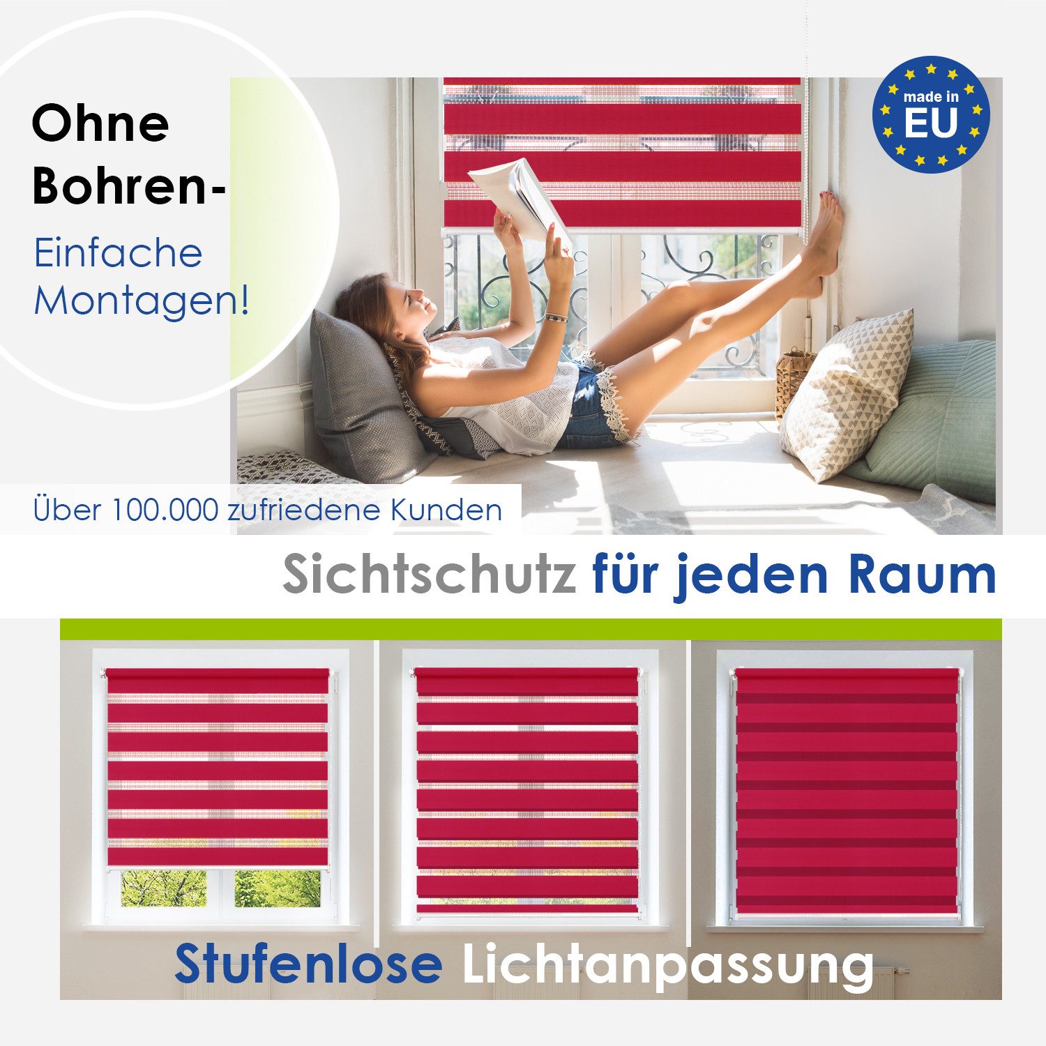 Doppelrollo Klemmfix, ohne Bohren, Sichtschutz, Rikmani, Klemm- oder Schraubmontage, Moderne Optik, Klemm- oder Schraubmontage, Sicht- und Sonnenschutz