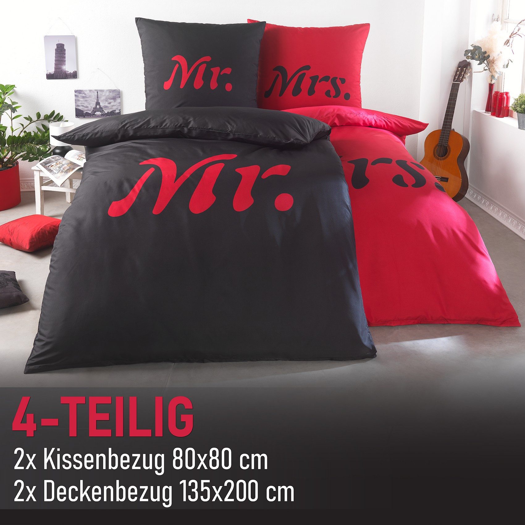 Kuscheli Partnerbettwäsche 2x 135x200 + 2x 80x80 cm atmungsaktiver Bettbezug, Partner Bettwäsche, Mikrofaser, 4 teilig, Für Allergiker geeignet, pflegeleicht, a – Bild 2 von 5
