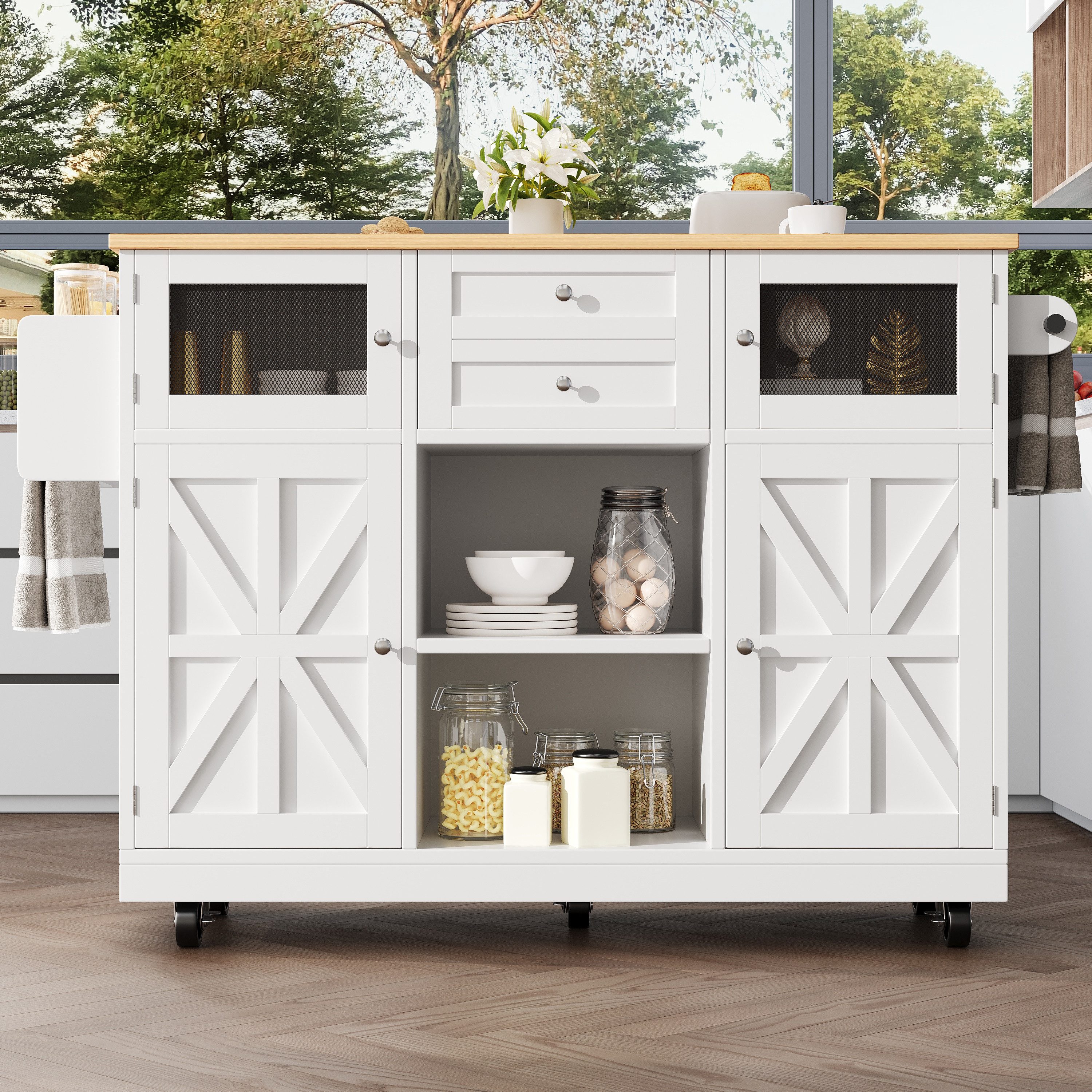 Refined Living Kücheninsel Esszimmerwagen auf Rollen,Küchenwagen mit Arbeitsplatte,Küchenschrank, (Buffetwagen mit Weinregal und Handtuchhalter, klappbare Seitenwände, mit Schublade & Türen, Esszimmerwagen Kücheninsel mit Arbeitsplatte Küchenwagen mit Weinrega, Küchenmöbel, Küchenwagen klappbar, Mobiler Weinschrank), beweglicher Servierwagen für Küche, Wohnzimmer & Esszimmer