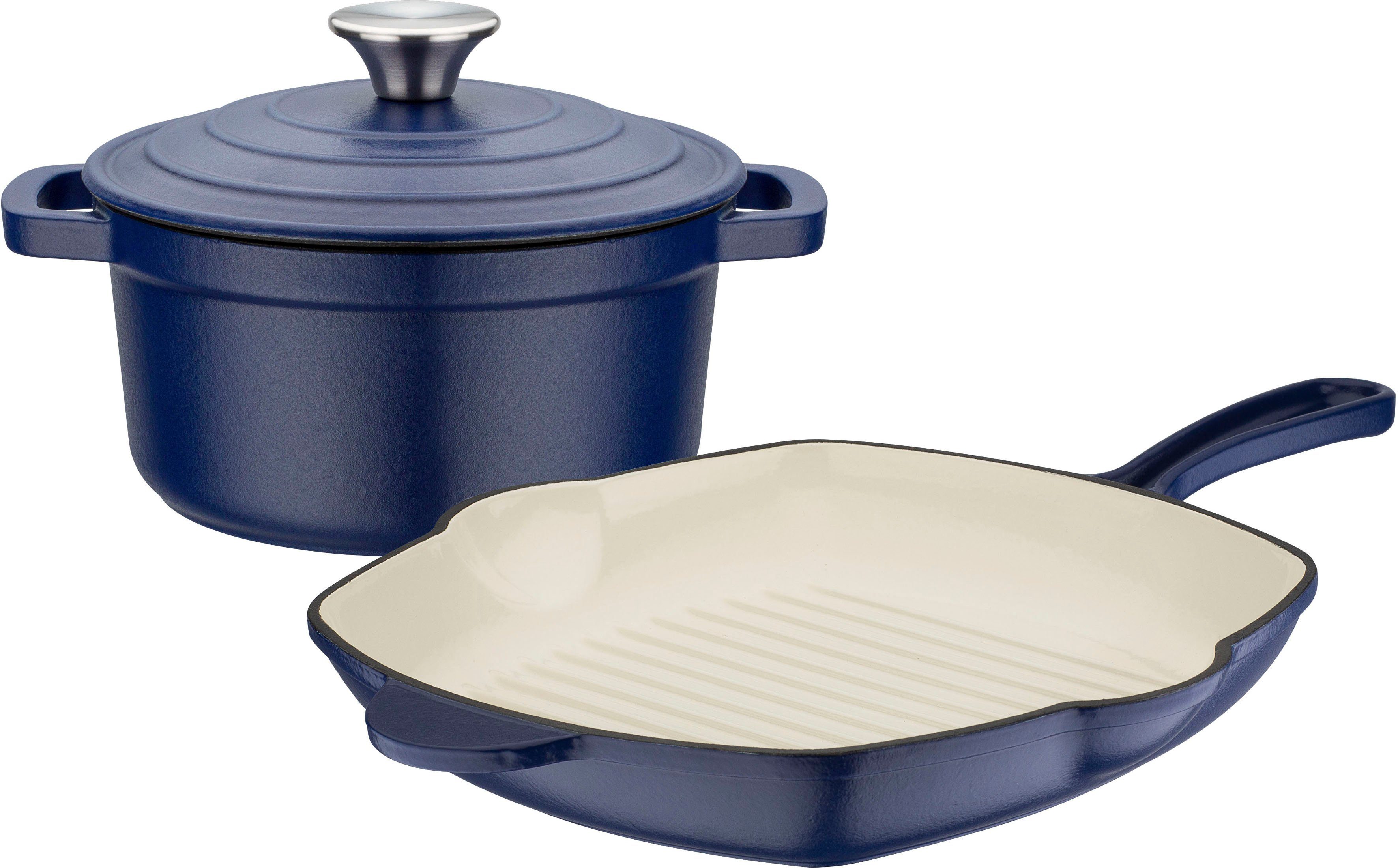 GSW Topf-Set Blue Magic, Gusseisen (Set, 3-tlg., 1x Kochtopf mit Deckel Ø 20 cm, 1x Grillpfanne 27 x 27 cm), Dunstzapfen im Deckel zum Garen im eigenen Saft, Induktion