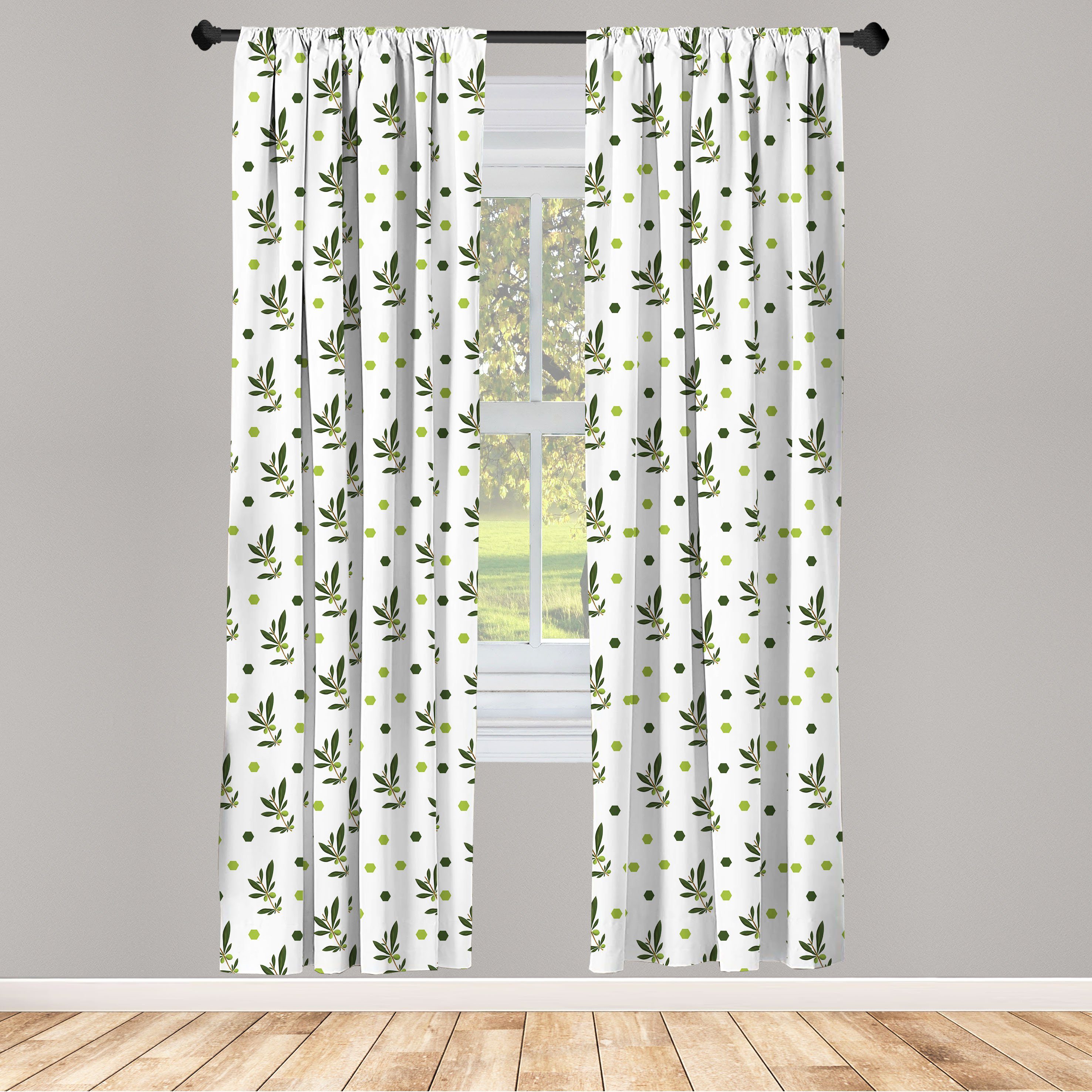 Gardine Vorhang für Wohnzimmer Schlafzimmer Dekor, Abakuhaus, Microfaser, Olive Hexagons und belaubte Zweige