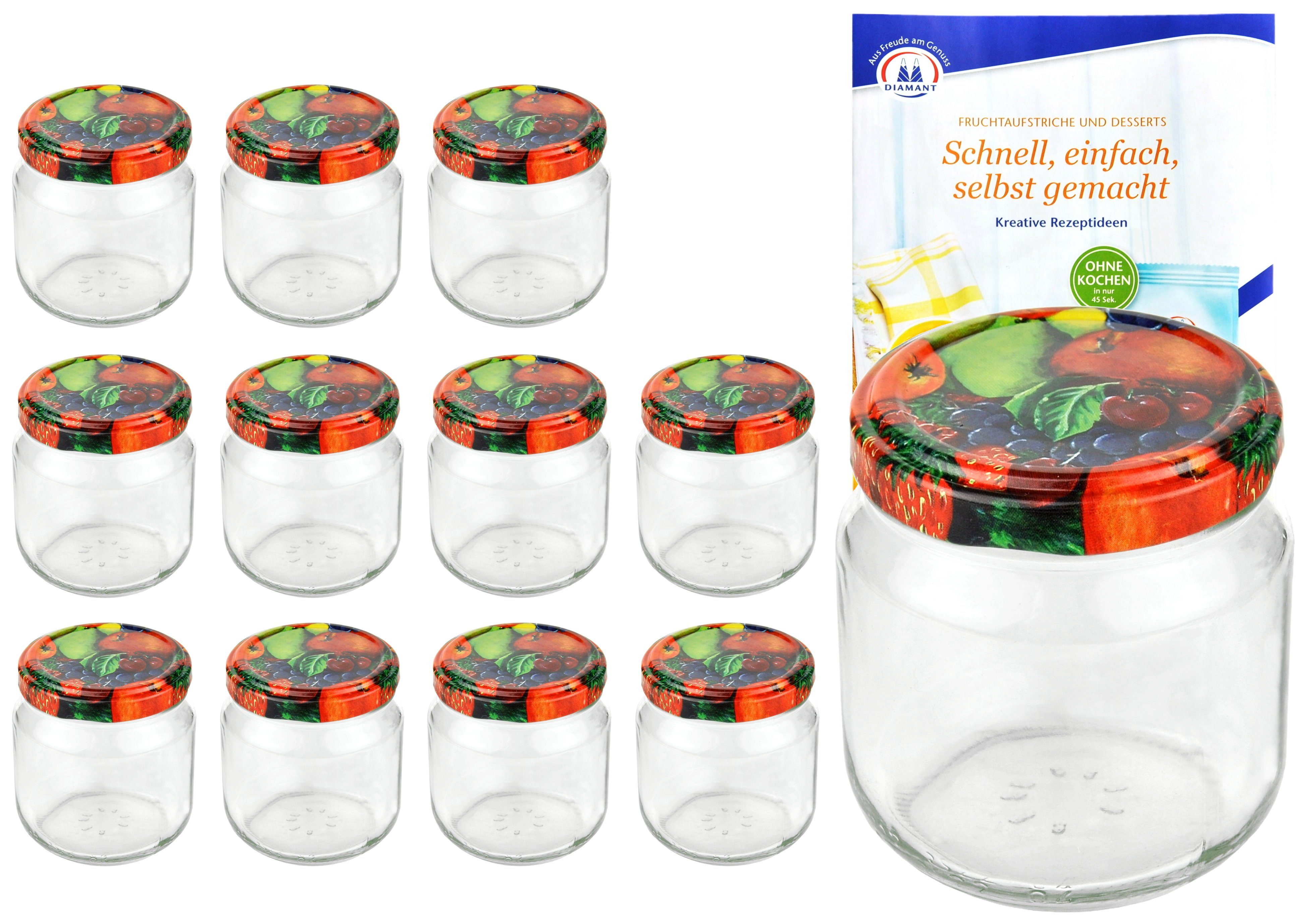 MamboCat Einmachglas 12er incl Set Obst Dekor ml To66 Rezeptheft, nieder Glas 212 Deckel Rundglas