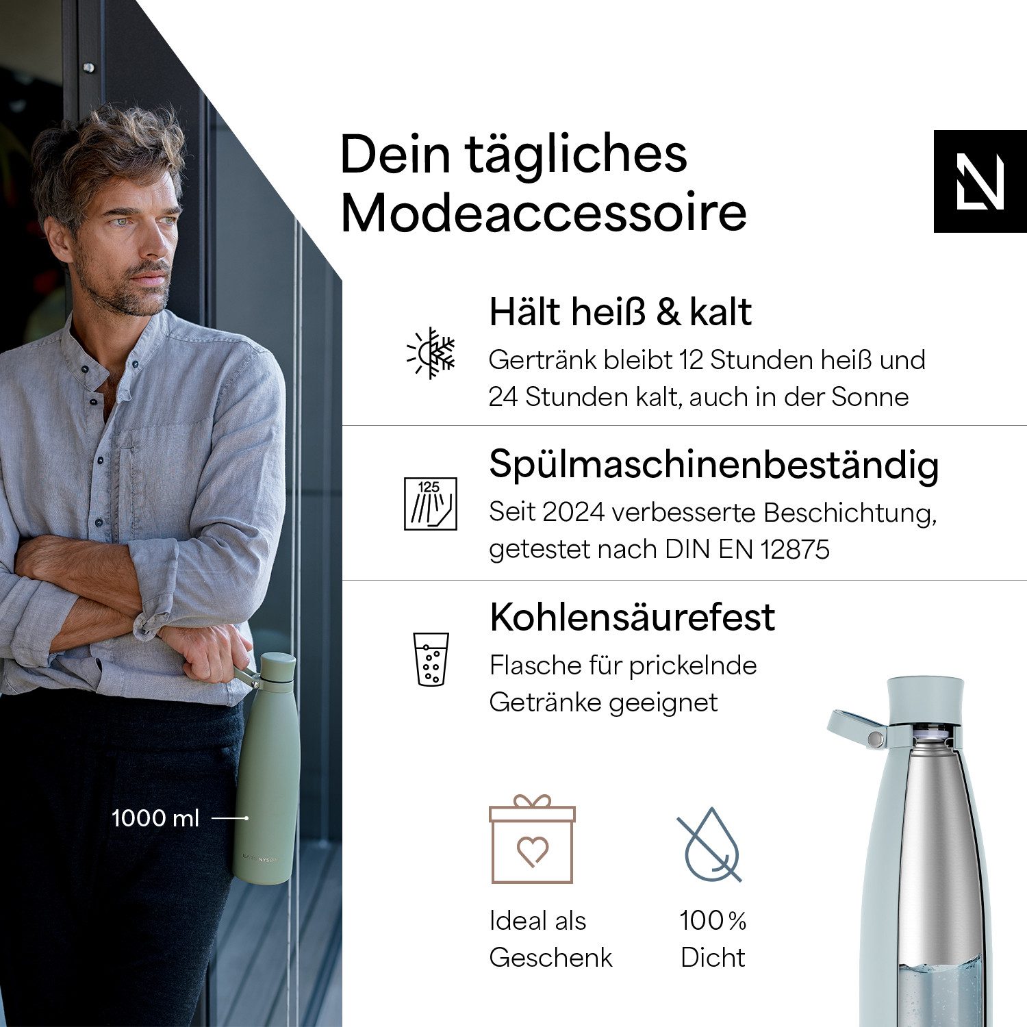 LARS NYSØM Thermoflasche Nåde, Vakuum Isolierung & Trageschlaufe: 12h heiß / 24h kühl