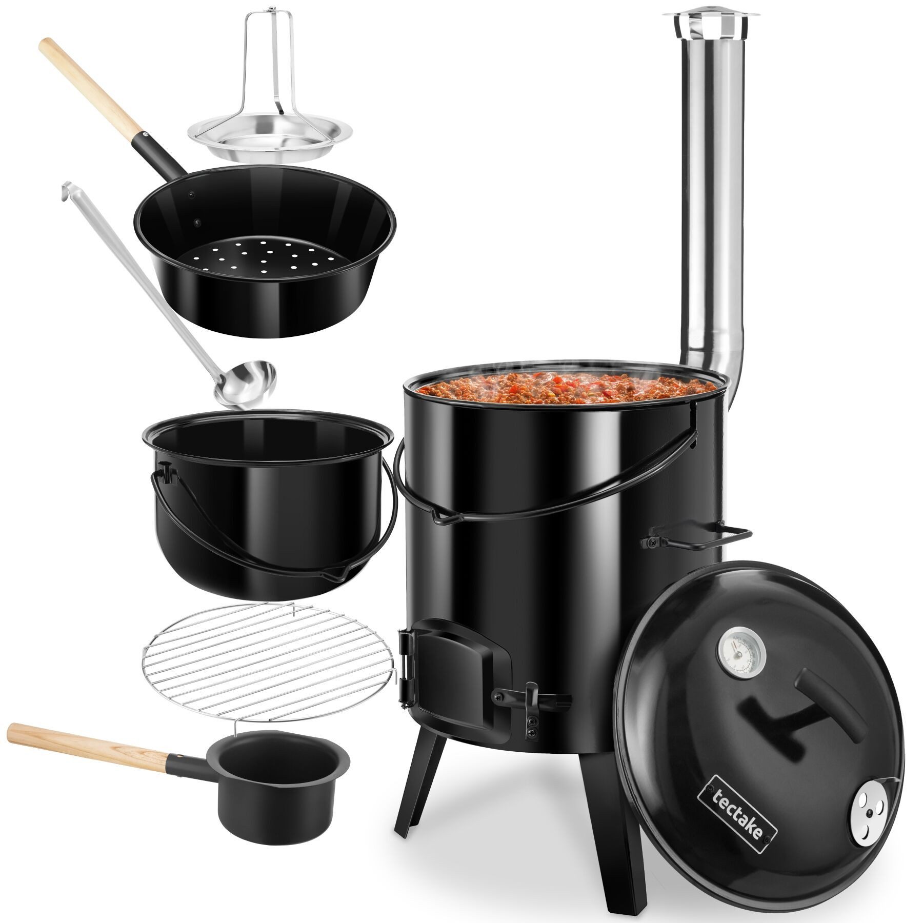 tectake Holzkohlegrill 5in1 Outdoor-Kochkessel aus Stahl, 17l Volumen, emailliert, Gulaschkanone Für Gartenparty Rocket, in Schwarz, Regulierbare Luftzufuhr, Kombibrennkammer, Inkl. Zubehör