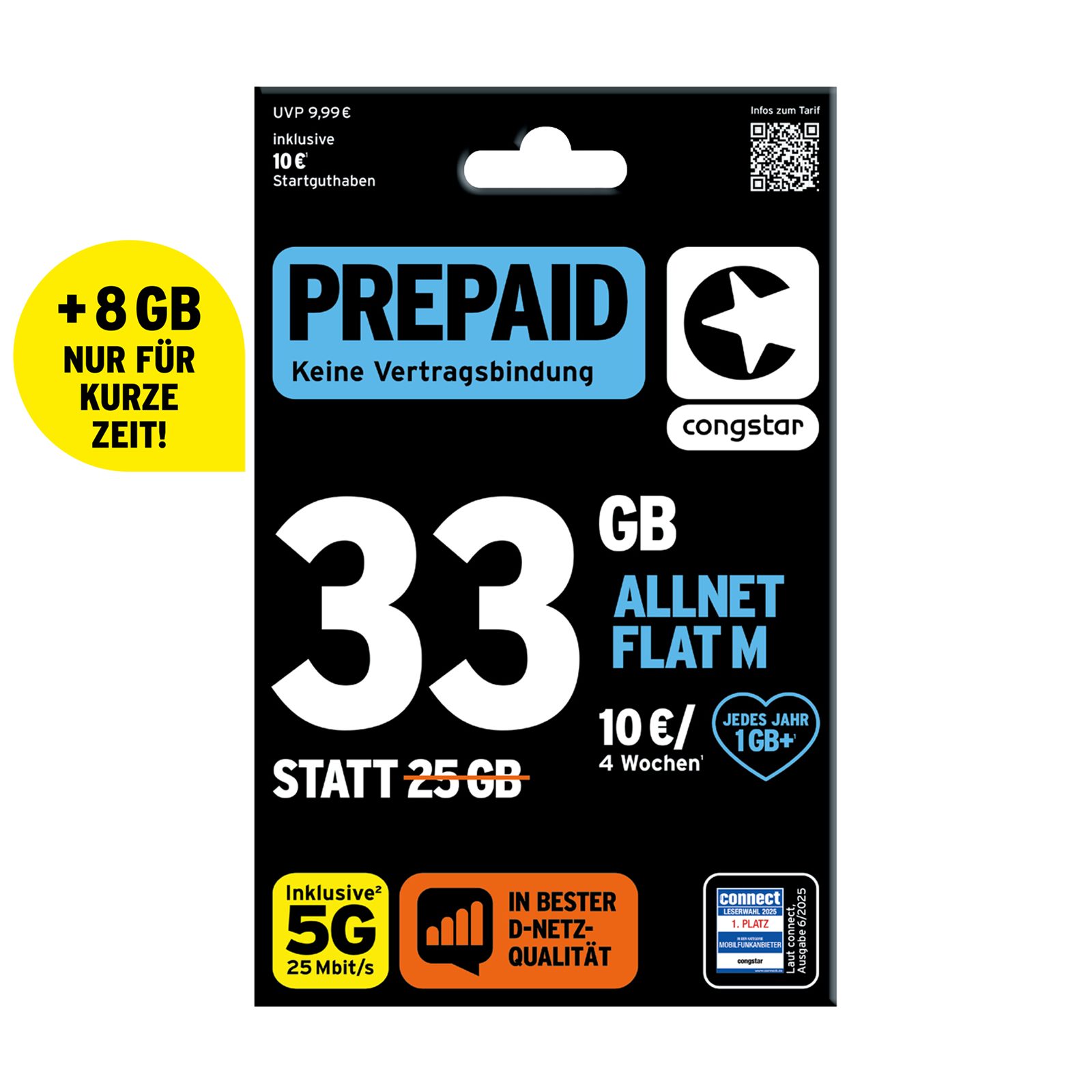 Congstar Prepaid ALLNET M, SIM-Karte ohne Vertrag, 5G mit 25 Mbit/s Prepaidkarte, (EU-Roaming inkl. CH, 10 € Startguthaben)