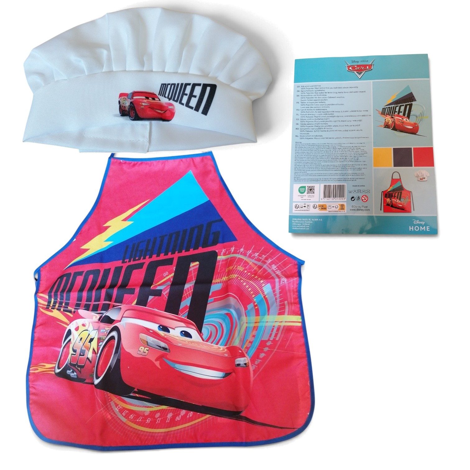 Disney Cars Kochschürze Kinderschürze Motiv Car's "Race Time“, Rot, Schürze + Kochmütze