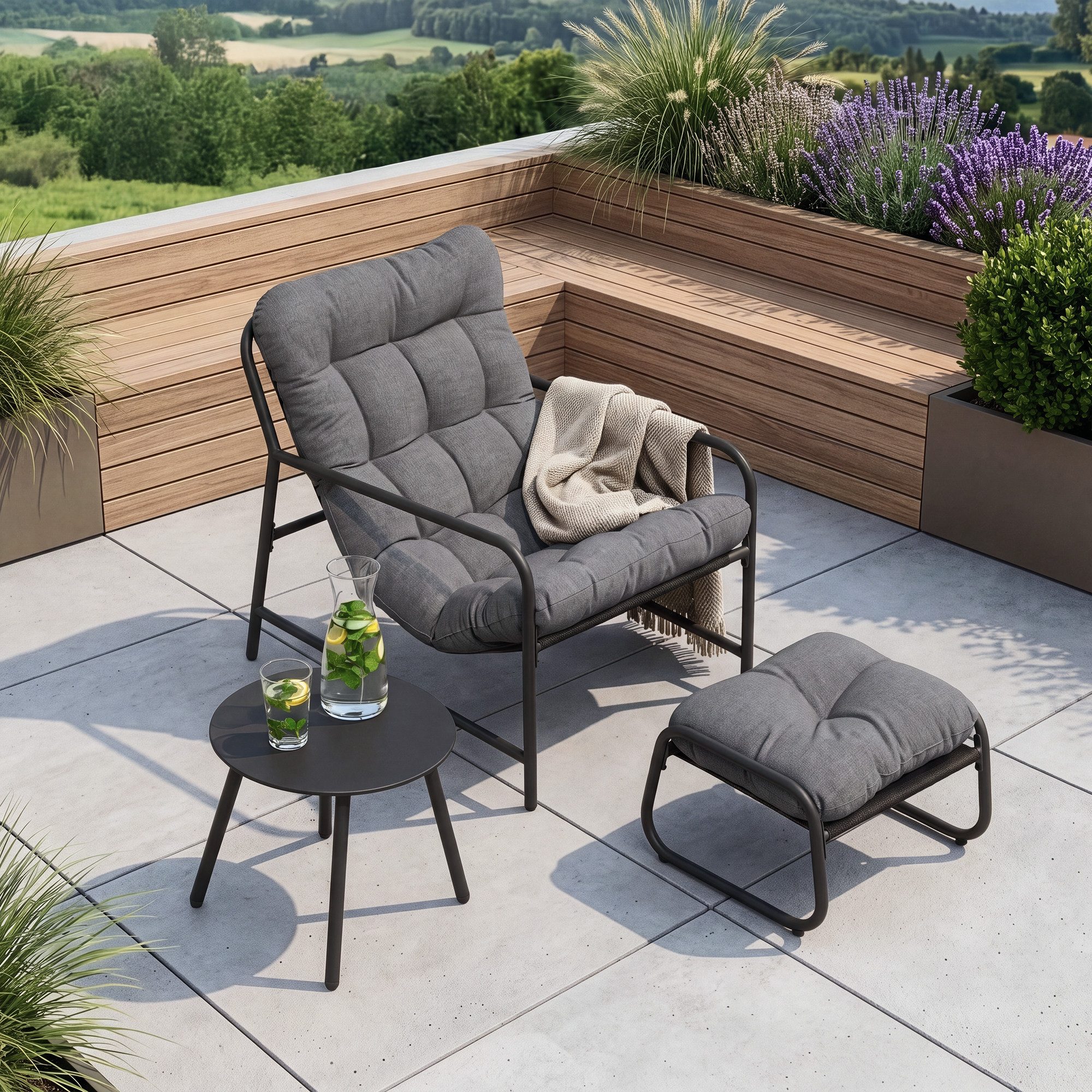 en.casa Gartenlounge-Set, (Set, 3-tlg., Gartenstuhl, Gartentisch, Fußhocker), »Trerdfjoa« Polsterkissen Metallgestell Dunkelgrau