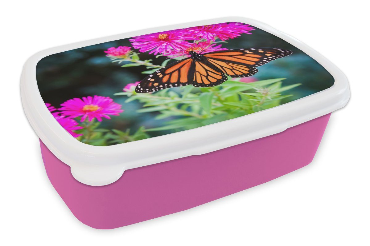 für - Blume, Brotdose Mädchen, rosa Kunststoff, (2-tlg), Kunststoff Botanisch - MuchoWow Snackbox, Brotbox Lunchbox Schmetterling Erwachsene, Kinder,