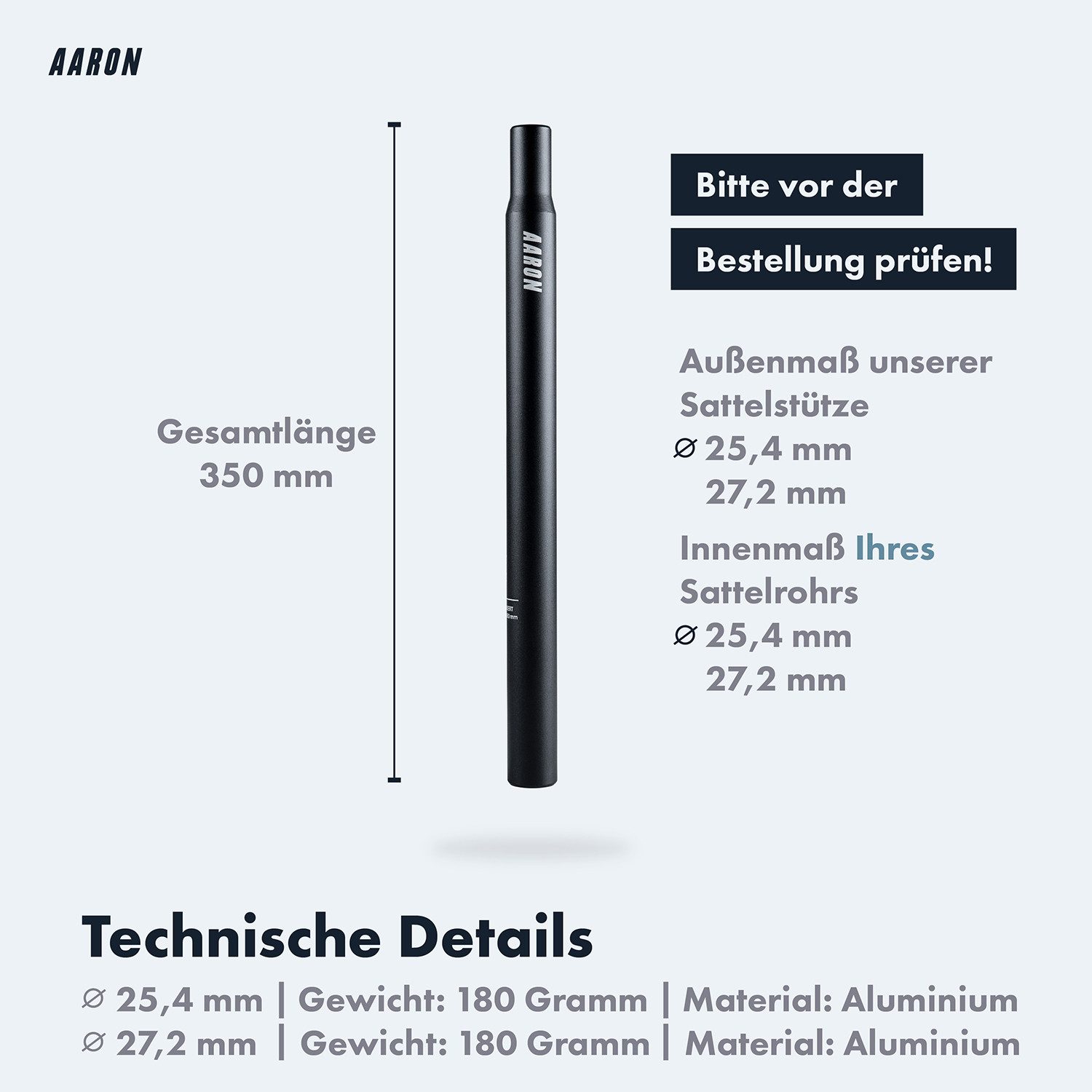 AARON Sattelstütze Tube Sattelstange 25,4 / 27,2 mm – 350 mm – Aluminium Fahrrad Schwarz – Bild 5 von 5