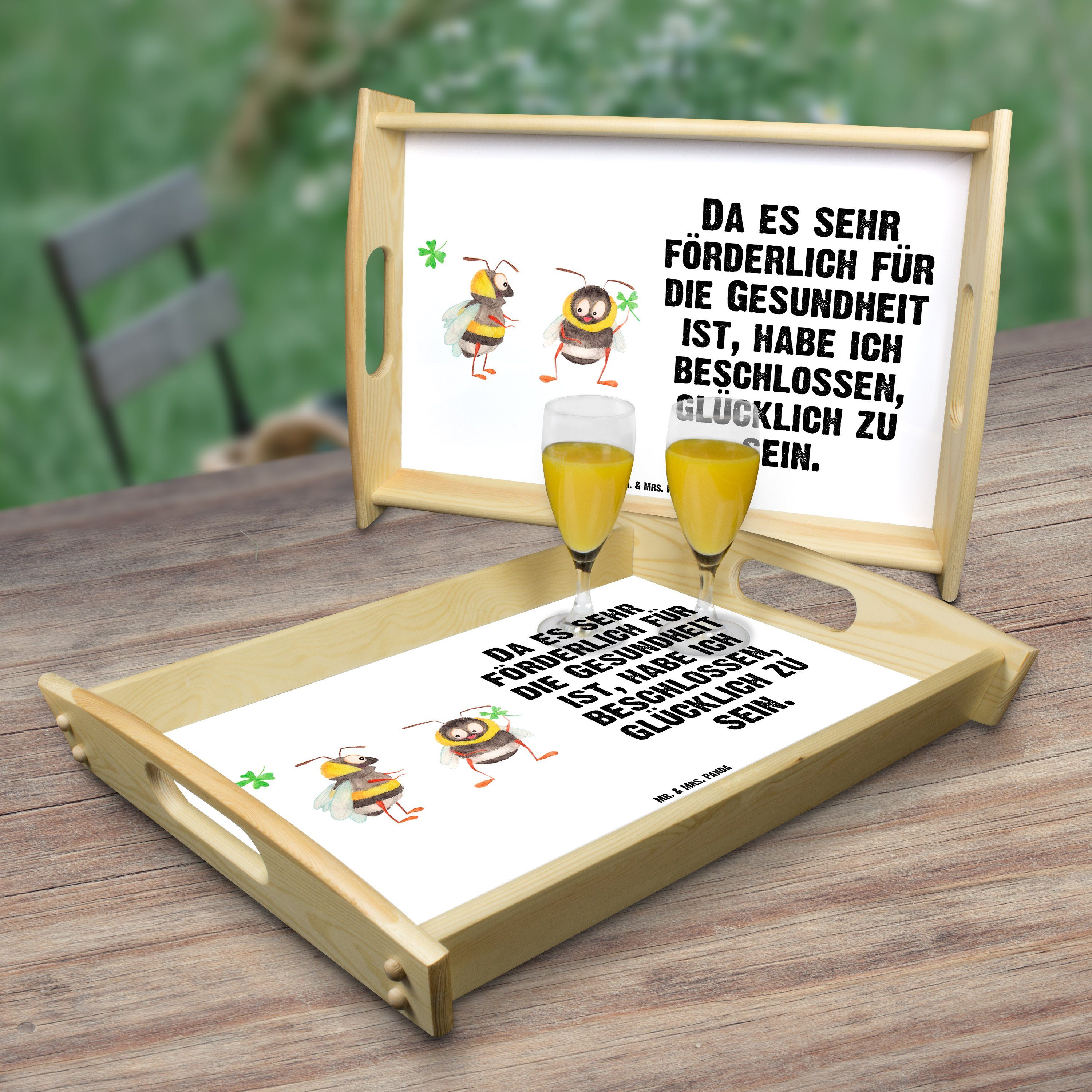 Biene, Hummeln & Spruch (1-tlg) Tablett - Geschenk, Tablett, schön, lasiert, Mrs. mit Echtholz Kleeblatt Panda Mr. - Weiß