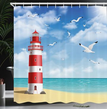 Abakuhaus Duschvorhang Moderner Digitaldruck mit 12 Haken auf Stoff Wasser Resistent Breite 175 cm, Höhe 180 cm, Strand Leuchtturm Möwen Ozean