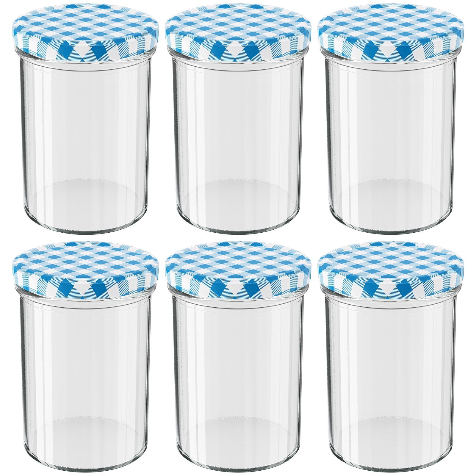 Wellgro Vorratsglas Einmachgläser mit Schraubdeckel - 435 ml, 8,5 x 12 cm  (xH), blau karierte Deckel To 82, Einmachglas, Vorratsglas, Sturzglas,  Gläser, Einkochen, Made in Germany, (6-tlg)