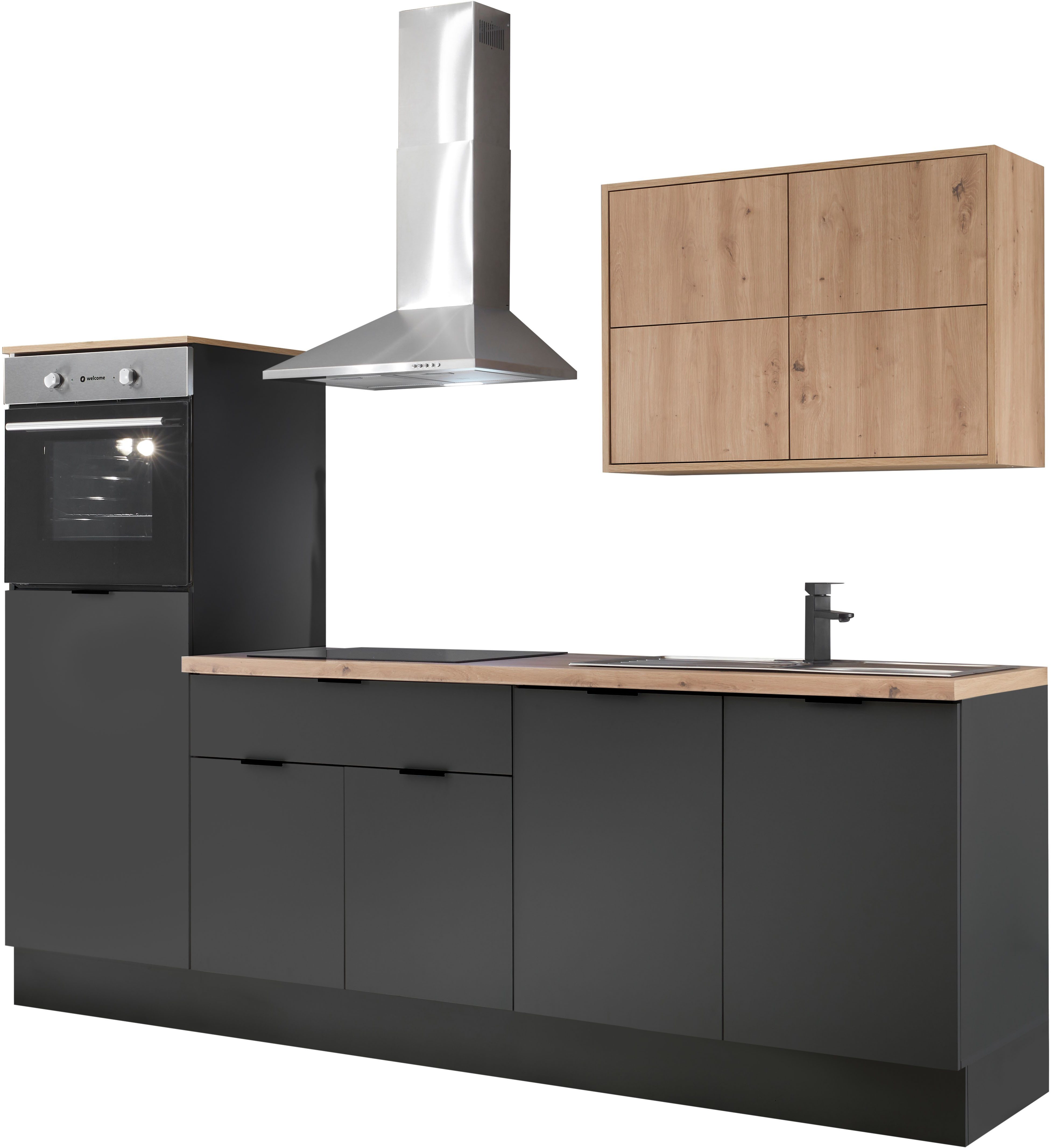 KOCHSTATION Küchenzeile KS-Georgia, mit 38mm starker Arbeitsplatte, Breite 250 cm, wahlweise mit E-Geräten und Kühlschrank