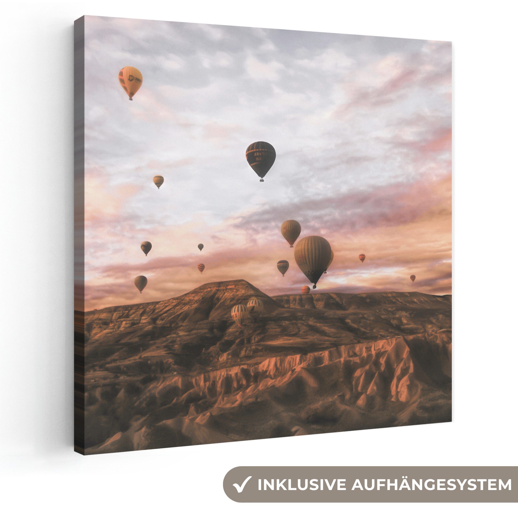 OneMillionCanvasses® Leinwandbild Landschaft - Heißluftballon - Berge - Braun, Fotodruck (1 St), Wandbild, Deko Schlafzimmer Wohnzimmer Flur 20x20 cm