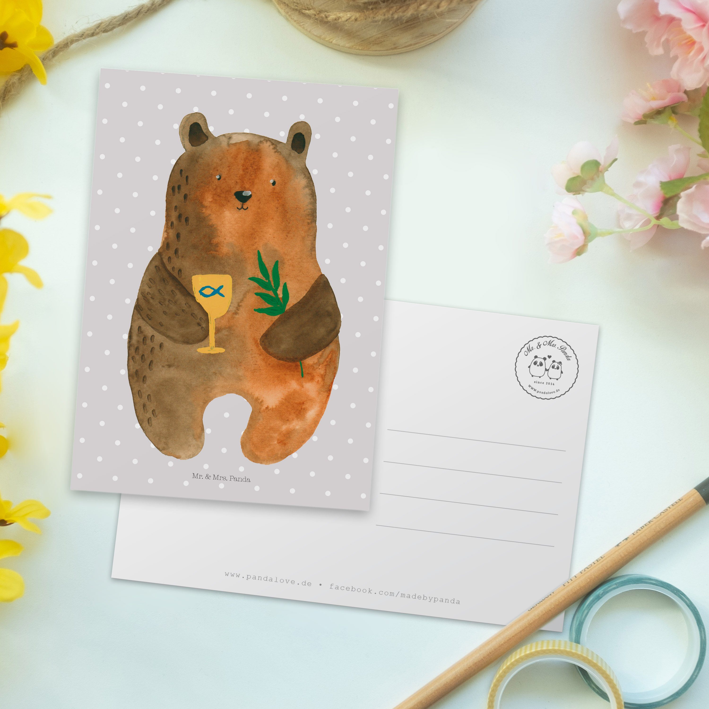 evangelisch, - Konfirmation-Bär Panda Postkarte Pastell Mrs. Ki - Mr. & Grau Teddybär, Geschenk,