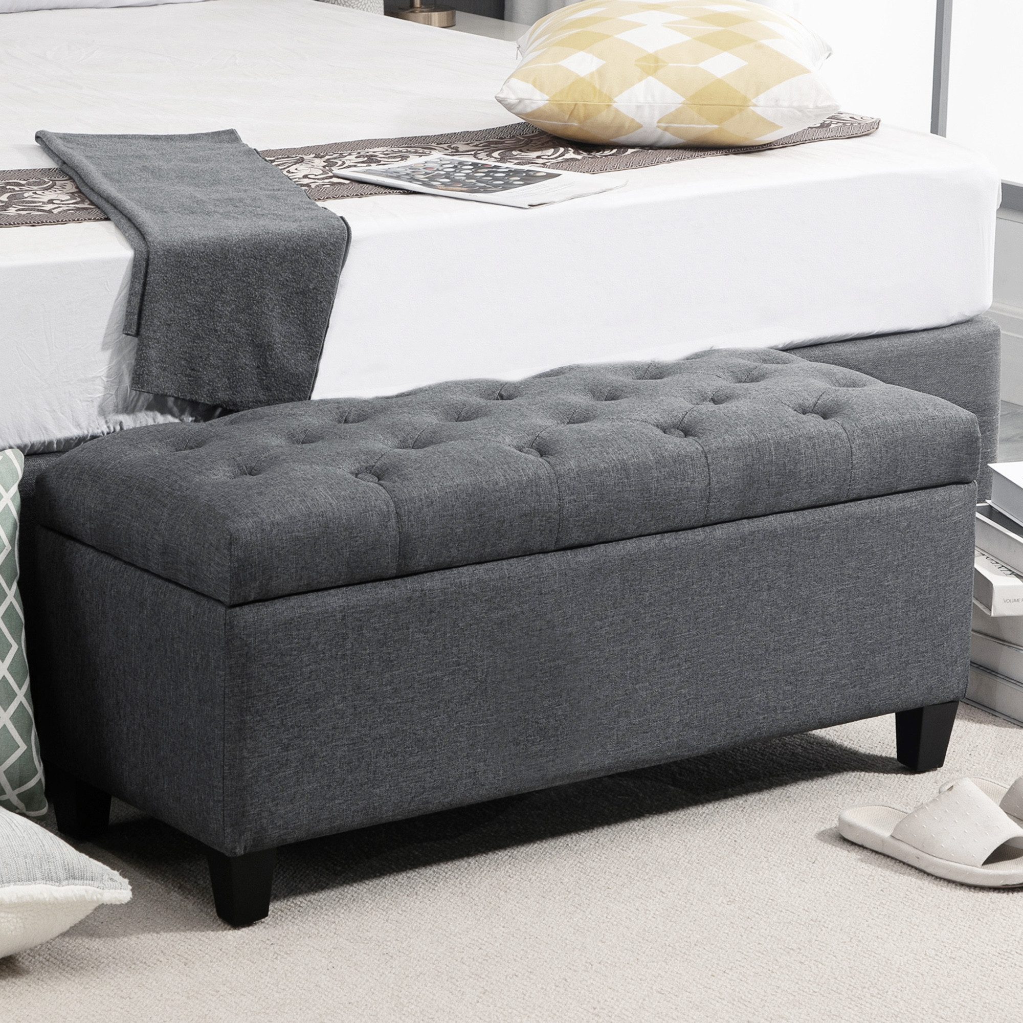 furnicato Polsterbank Sitzbank Dunkelgrau 100L x 40B x 44H cm mit Stauraum (1-St), Atmungsaktive Truhe mit Klappsitz aus Massivholz für das Schlafzimmer