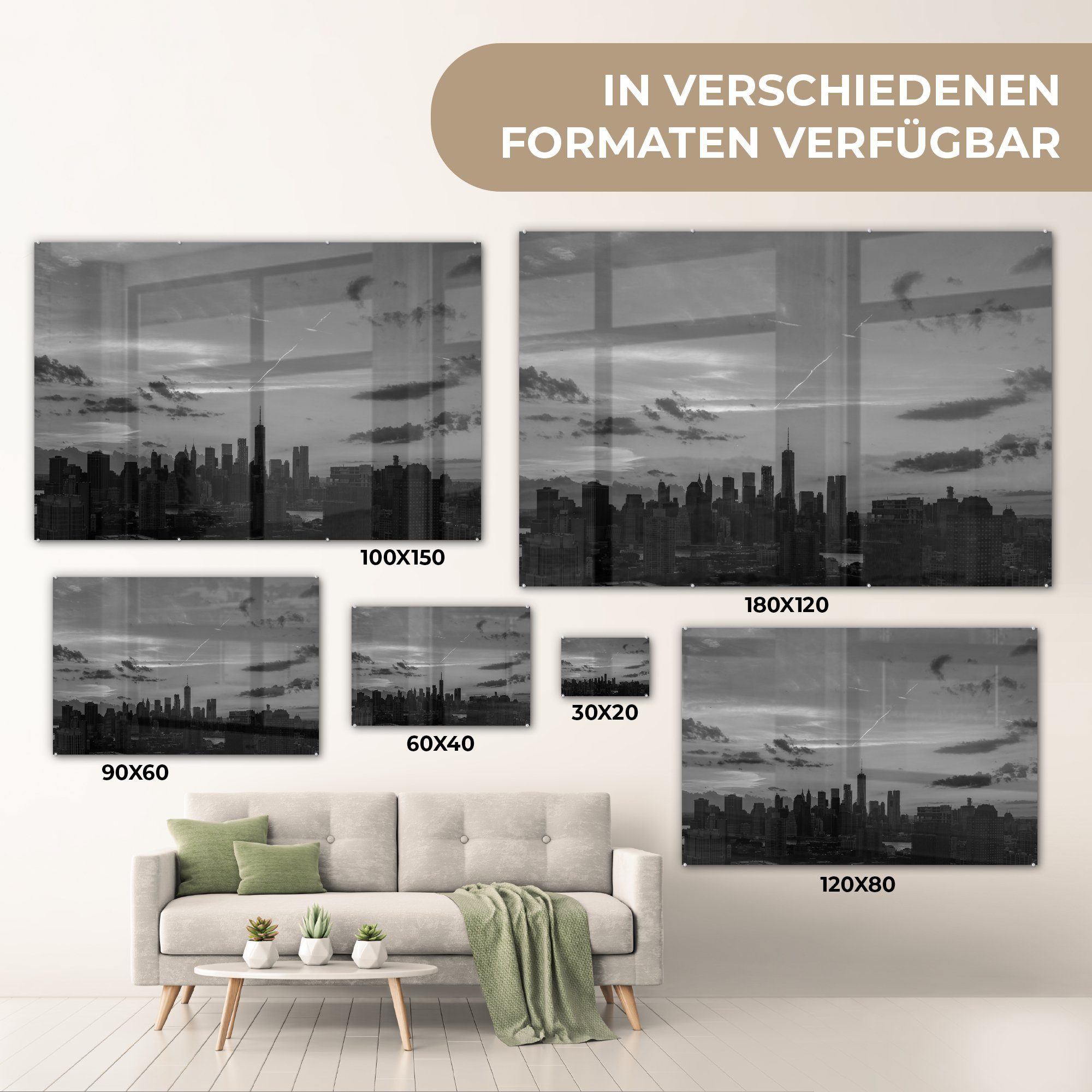 (1 Schlafzimmer - Weiß, Stadt Wohnzimmer - Acrylglasbilder - MuchoWow Manhattan Schwarz St), Acrylglasbild &