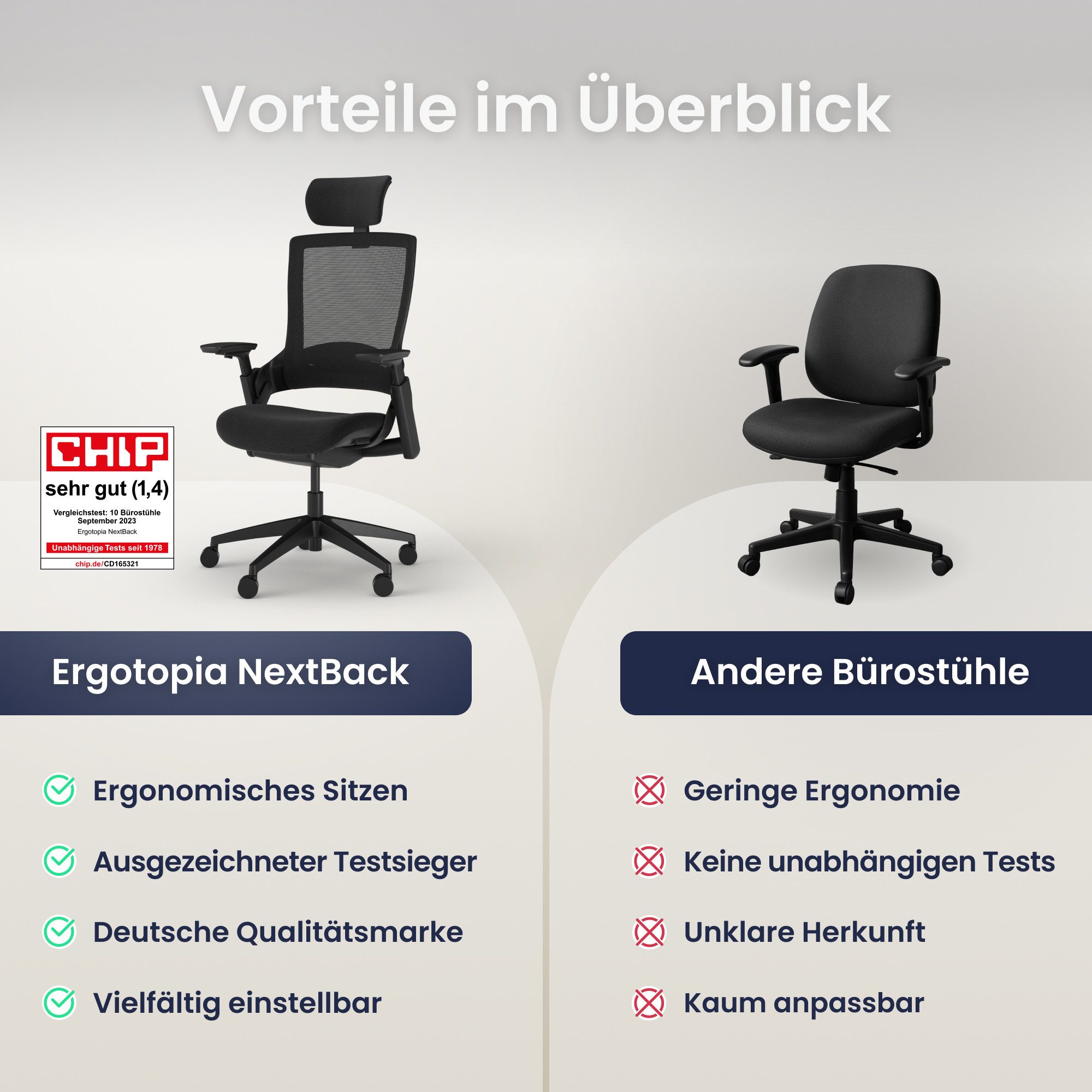 Ergotopia Bürostuhl ergonomischer Schreibtischstuhl NextBack, Drehstuhl mit 3D Armlehnen & verstellbarer Kopfstütze – Bild 5 von 5