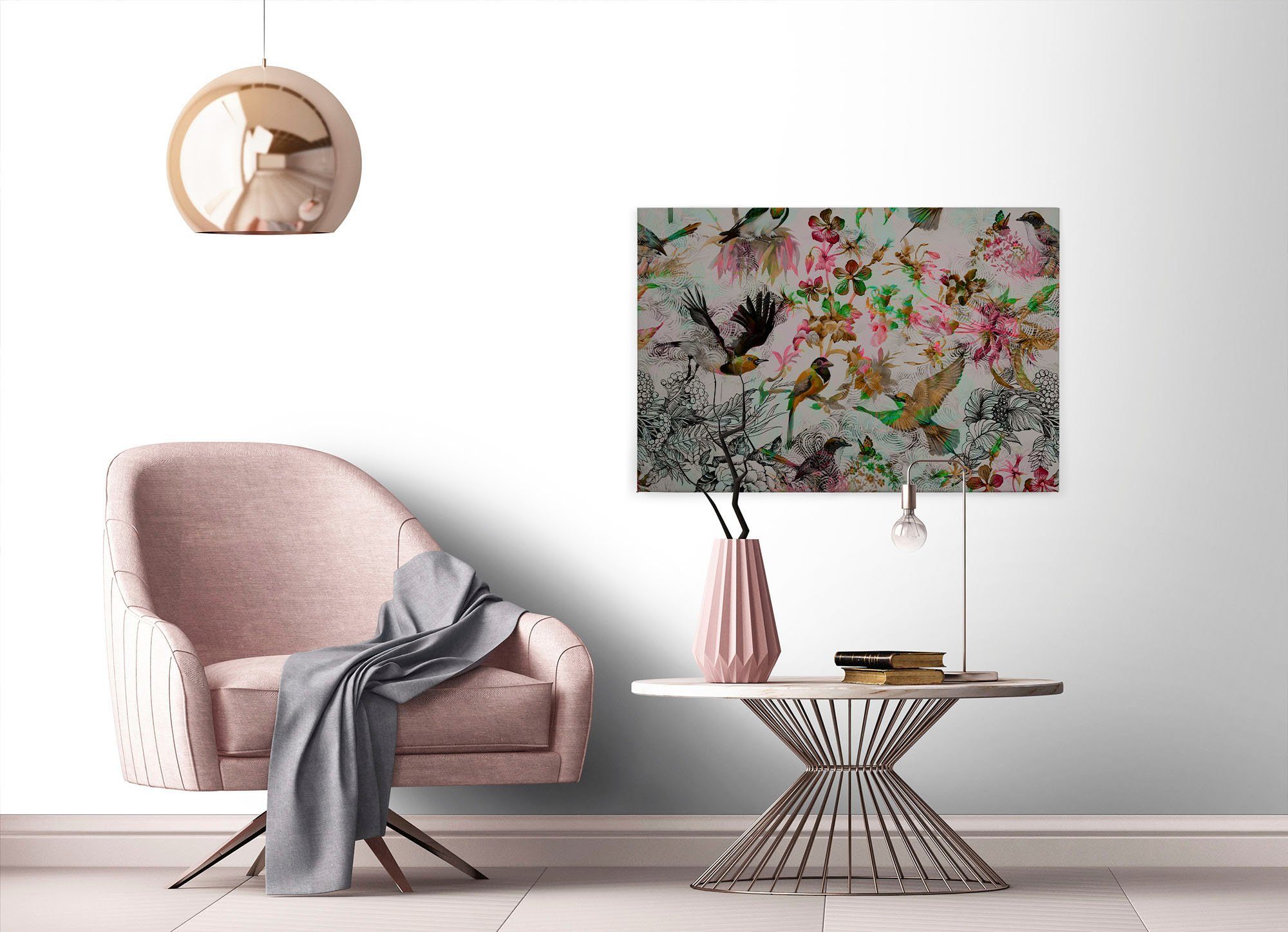 Bild mit Vögel Keilrahmen rosa, (1 A.S. Floral Vögel Leinwandbild funky St), Création birds, grau, grün