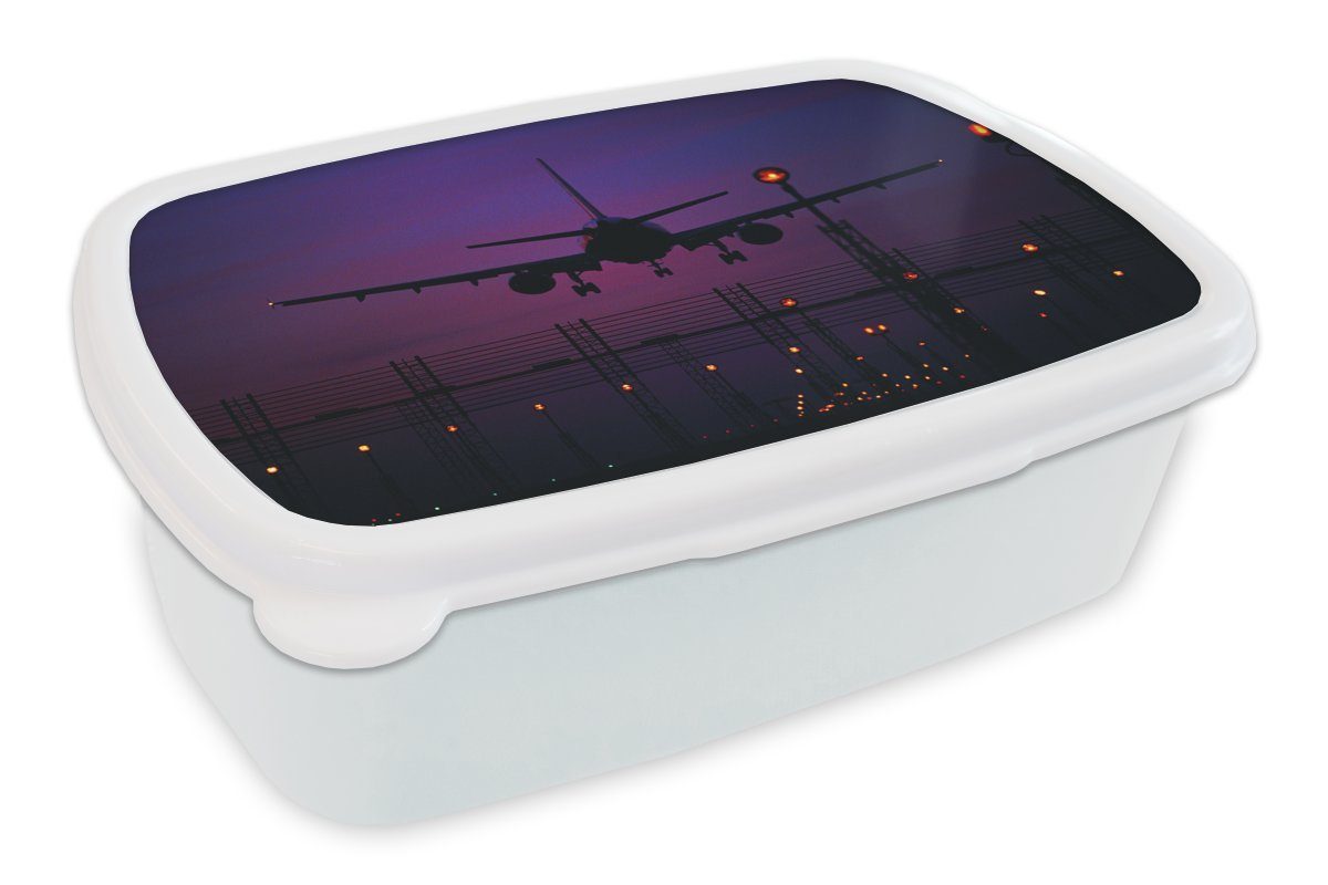 MuchoWow Lunchbox Silhouette eines Flugzeugs in der Nacht, Kunststoff, (2-tlg), Brotbox für Kinder und Erwachsene, Brotdose, für Jungs und Mädchen weiß