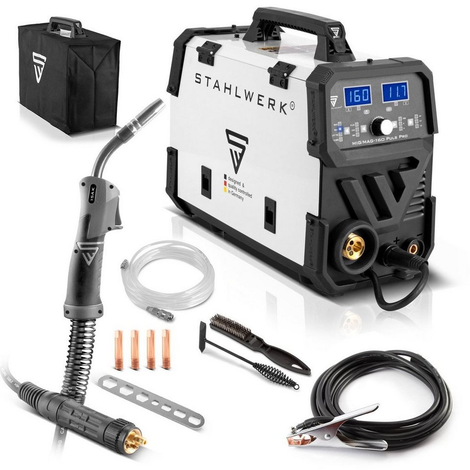 STAHLWERK Schutzgasschweißgerät MIG MAG 160 Puls Pro IGBT Schutzgas  Schweißgerät, 20 - 160 A, Set, 8-tlg., inklusive Schlauchpaket,  Vollsynergisches 5 in 1 Kombigerät mit echten 160 Ampere / Fülldraht, MIG  MAG, ARC