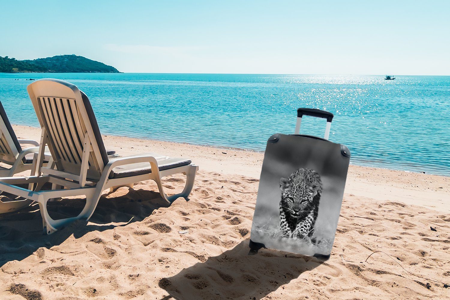 Handgepäckkoffer mit Reisekoffer Porträt Rollen, Leopardenjungen - Trolley, für eines rollen, Reisetasche Handgepäck MuchoWow 4 Ferien, schwarz und weiß,