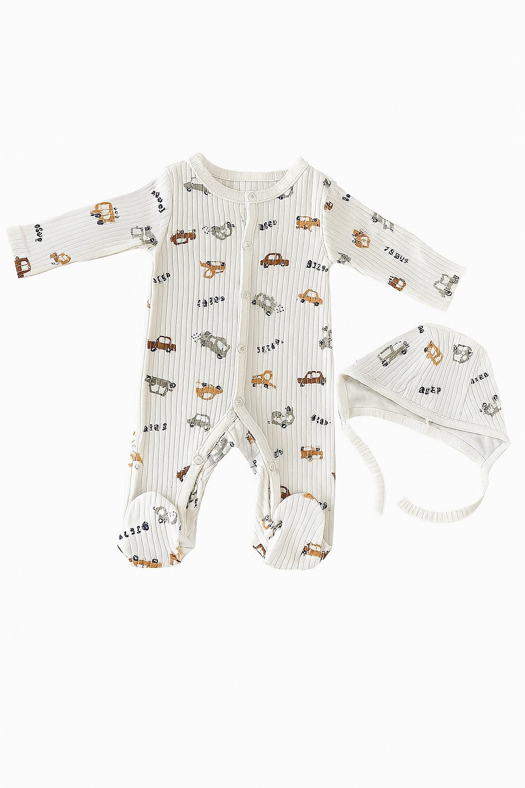 Strampler Baby Jungen Strampler mit Fuß + Mütze, Weiß, Autos, 100% Baumwolle