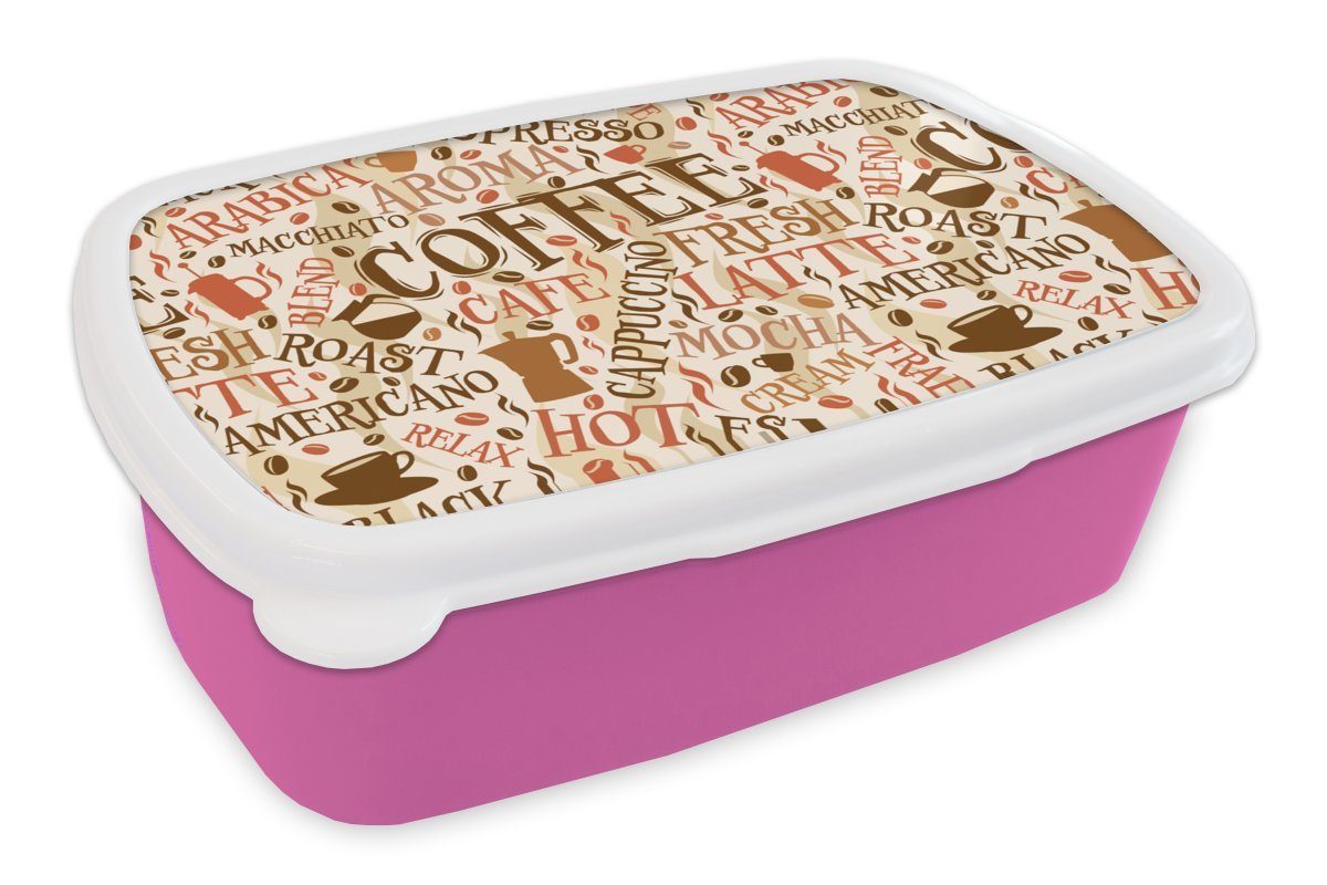 MuchoWow Lunchbox Kaffee - Vintage - Muster, Kunststoff, (2-tlg), Brotbox für Erwachsene, Brotdose Kinder, Snackbox, Mädchen, Kunststoff rosa