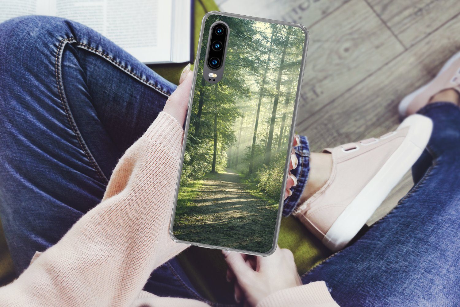 MuchoWow Handyhülle für Huawei P30 Wald - Weg - Sonne - Bäume - Grün - Natur, Handy Case, Silikon, Bumper Case Dünn