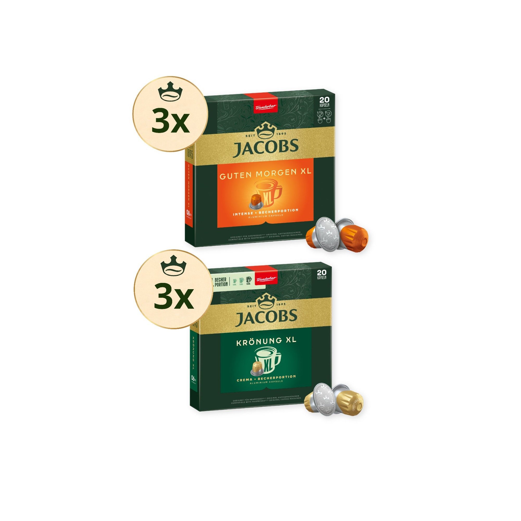 JACOBS Kaffee Kapseln 3x20 Krönung Crema XL + Guten Morgen XL Nespresso®* kompatiel, (Packung, 6er Pack), Gratis: 2x18 Kapseln JACBOS Origins 9 Colombia