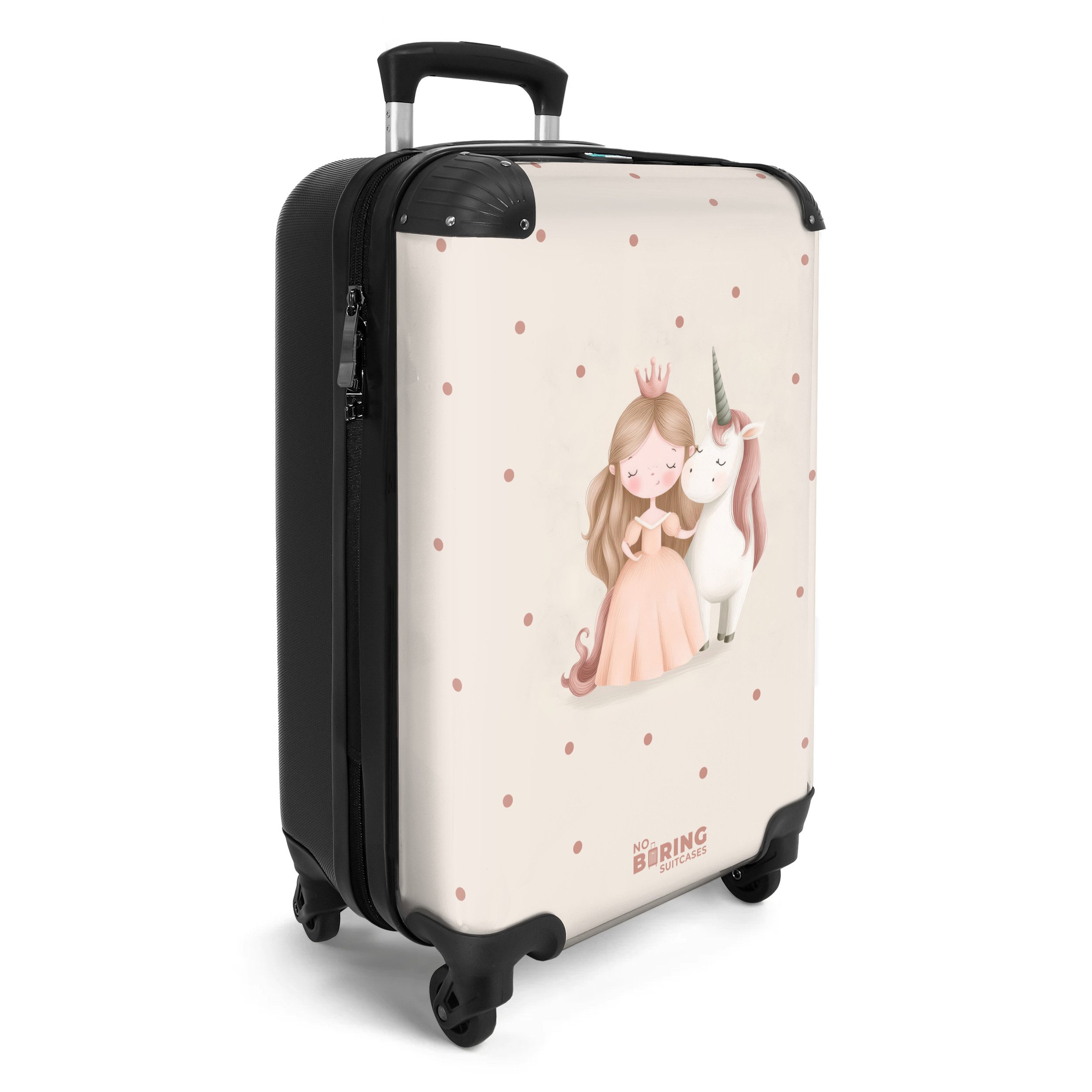 NoBoringSuitcases.com© Kinderkoffer Prinzessin und ein Einhorn in Pastellfarben 55x35x20cm, 4 Rollen, Handgepäck-Koffer, Kinderkoffer, Reisekoffer Mädchen