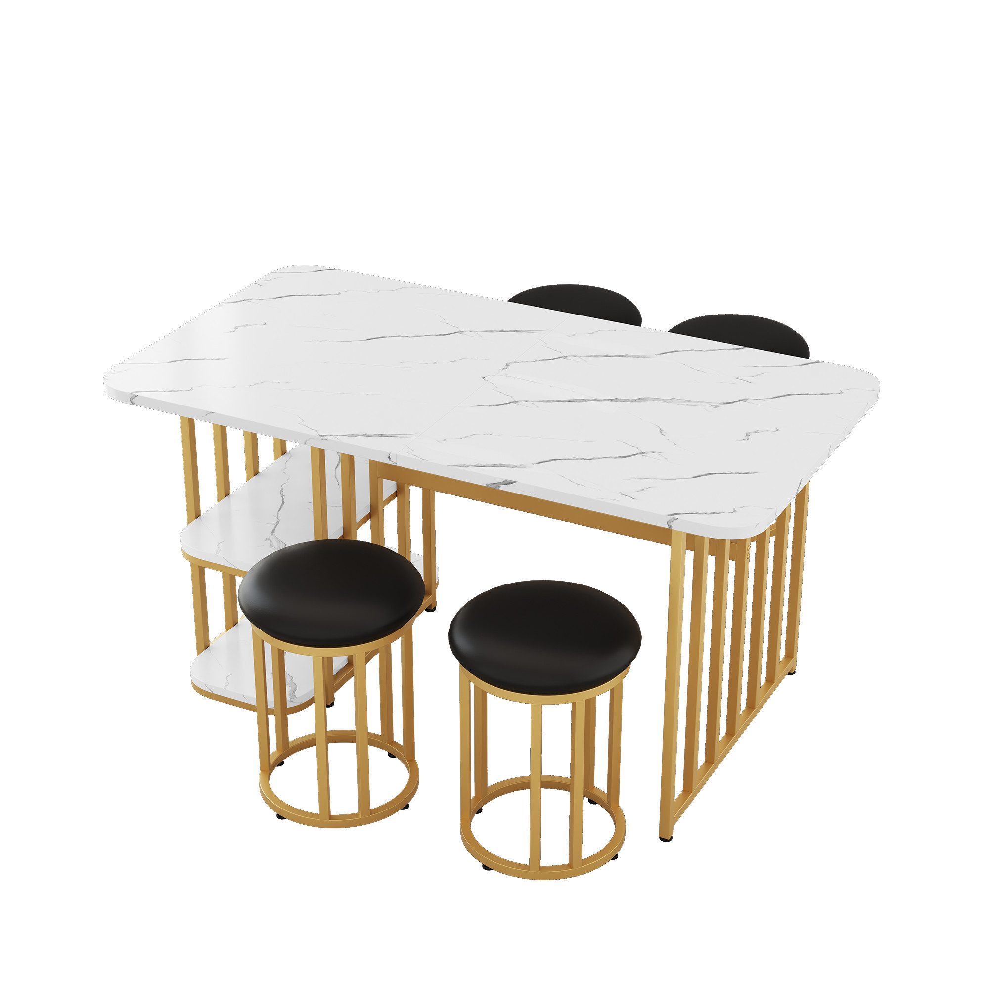 Welikera Esstisch Esstisch Set mit 4 Stühlen,Küchentisch mit Stahlgestell,140*80*75cm, Rechteckiger Esstisch,Esszimmerstühle,mit Stauraum,Weiß+Gold