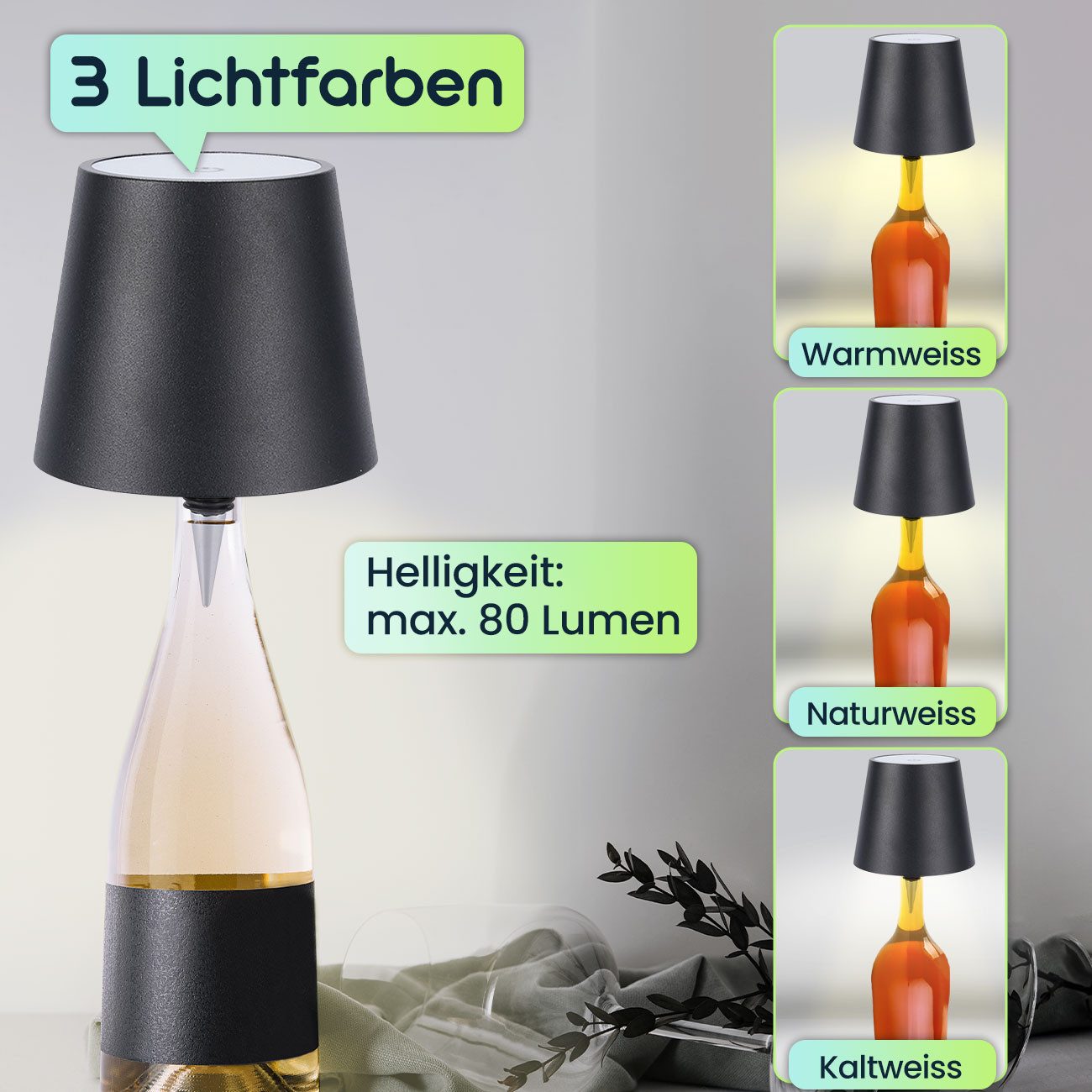 shop'n smile ideoon LED Nachttischlampe Edle Akku Flaschenlampe Schwarz: Dimmbar, 3 Lichtfarben, LEDs mit 3 auswählbaren Lichtfarben, Kaltweiss / Warmweiss / Na – Bild 4 von 5