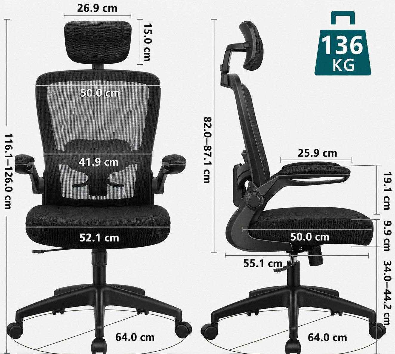 Vivitar Bürostuhl mit hoher Rückenlehne, verstellbarer Kopfstütze, Lendenwirbelstütze (10–15-Grad-Neigungsfunktion, flexibler Rückenlehne, stabiler Schreibtisch – Bild 2 von 5