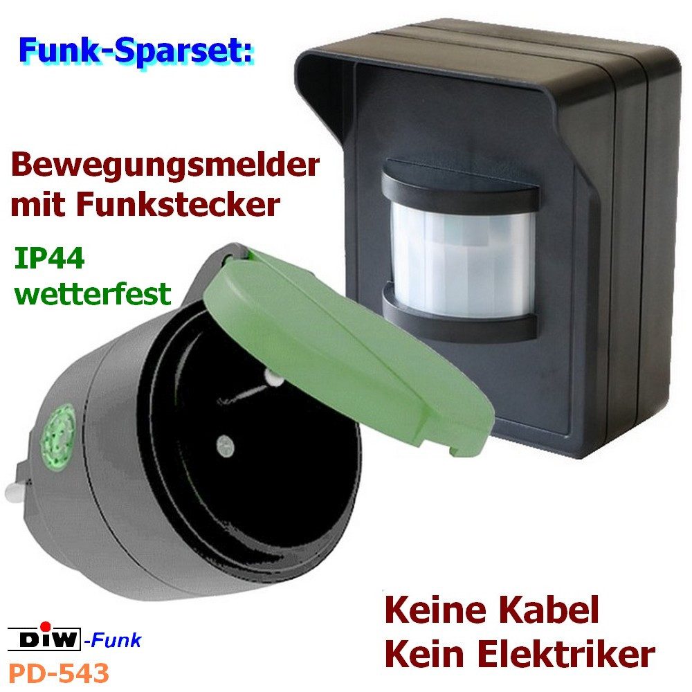 DIW-Funk Bewegungsmelder PD-543 DIW-FUNK Bewegungsmelder IP44 mit Outdoor-Funkstecker DOR-2300, (Funk-Bewegungsmelder IP44, DIW-44, Funk-Outdoorstecker IP44, DOR-2300), IP44, Funk
