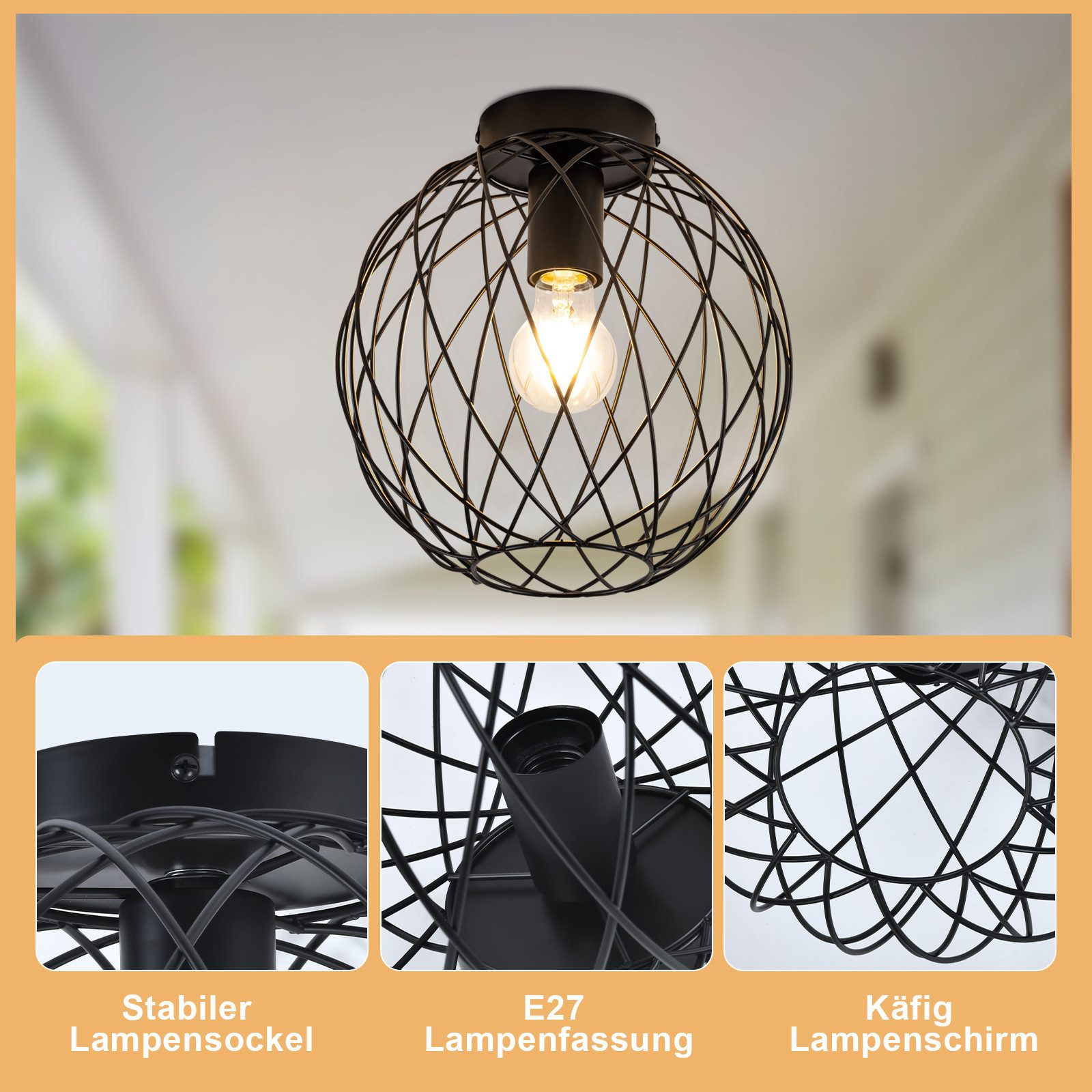 Nettlife Deckenleuchte 1 Flammig Deckenlampe Vintage E27 Flurlampe Schwarz Flur Küchenlampe, LED wechselbar, Flur Schlafzimmer Küche – Bild 4 von 5